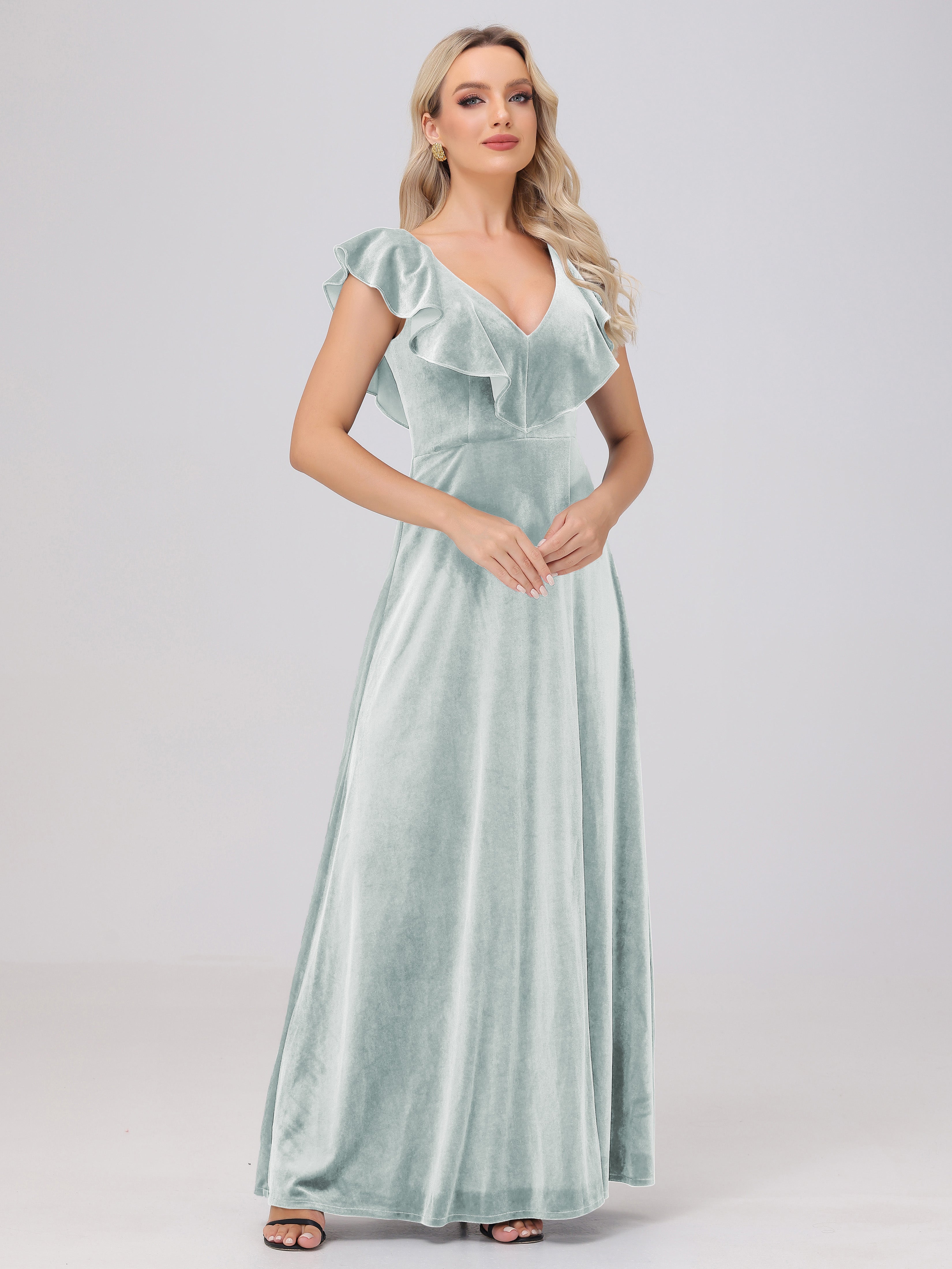 Ruffle V-Neck Velvet Bridesmaid Dresses with High Slit