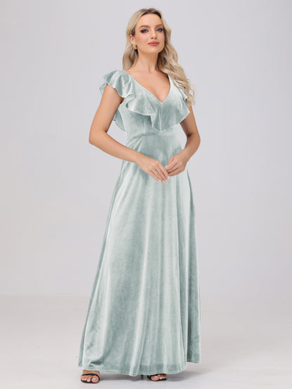 Ruffle V-Neck Velvet Bridesmaid Dresses with High Slit
