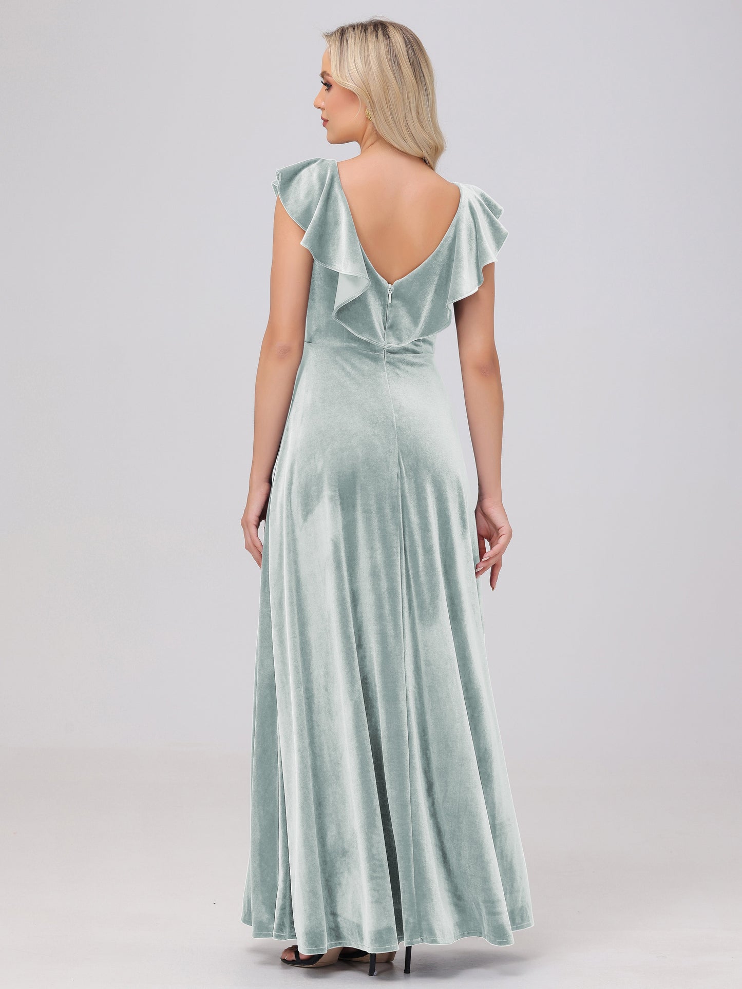 Ruffle V-Neck Velvet Bridesmaid Dresses with High Slit