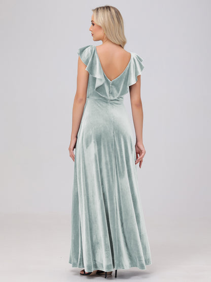 Ruffle V-Neck Velvet Bridesmaid Dresses with High Slit