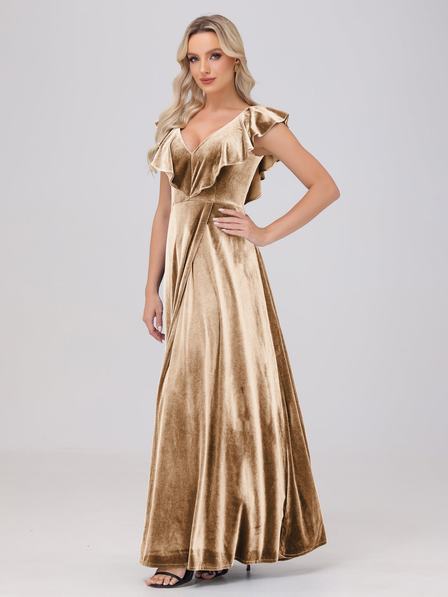 Ruffle V-Neck Velvet Bridesmaid Dresses with High Slit