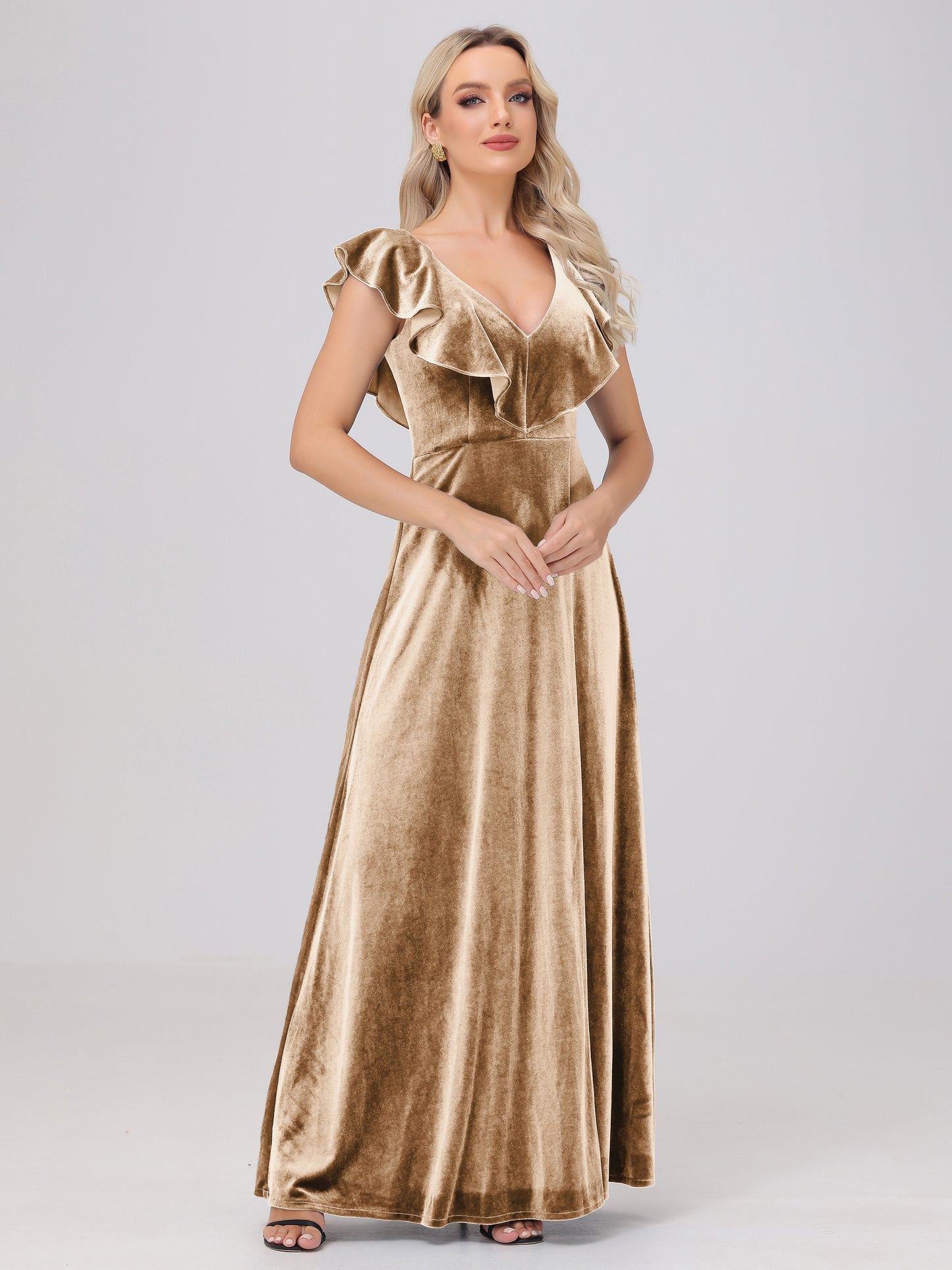Ruffle V-Neck Velvet Bridesmaid Dresses with High Slit