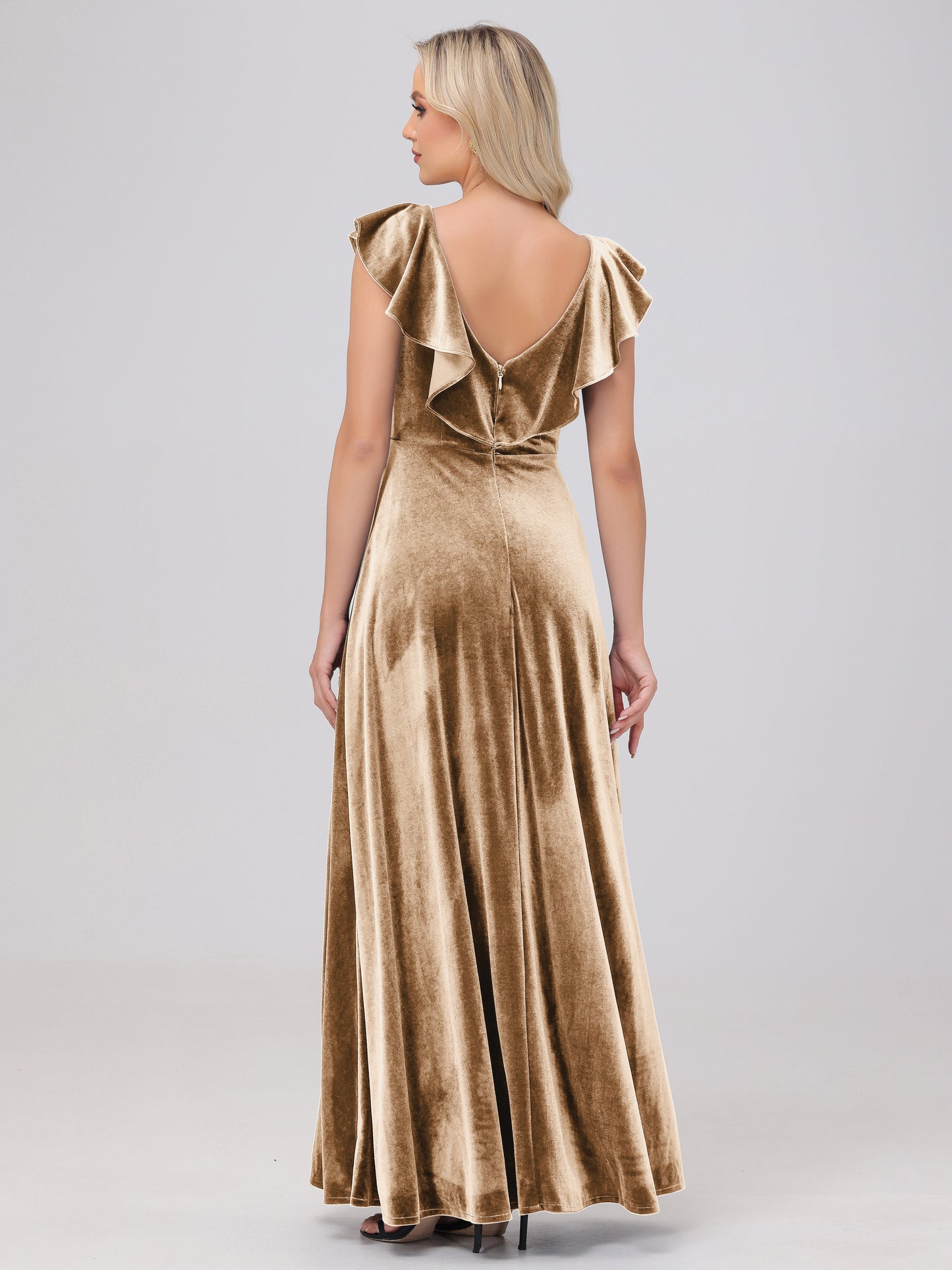 Ruffle V-Neck Velvet Bridesmaid Dresses with High Slit