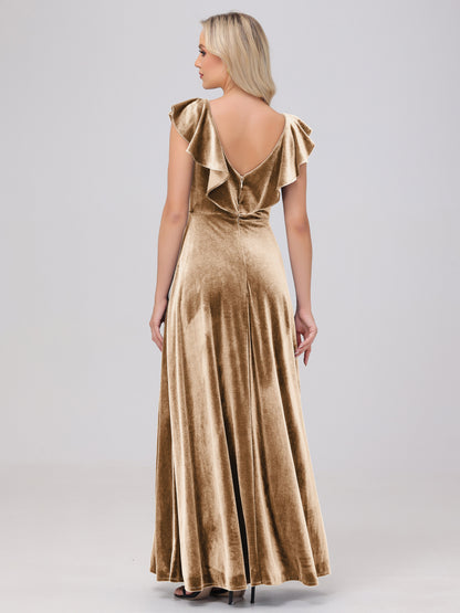 Ruffle V-Neck Velvet Bridesmaid Dresses with High Slit