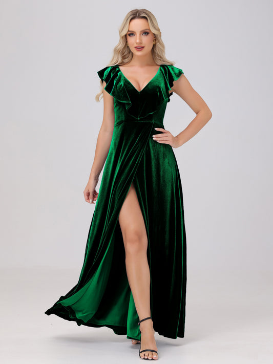 Ruffle V-Neck Velvet Bridesmaid Dresses with High Slit