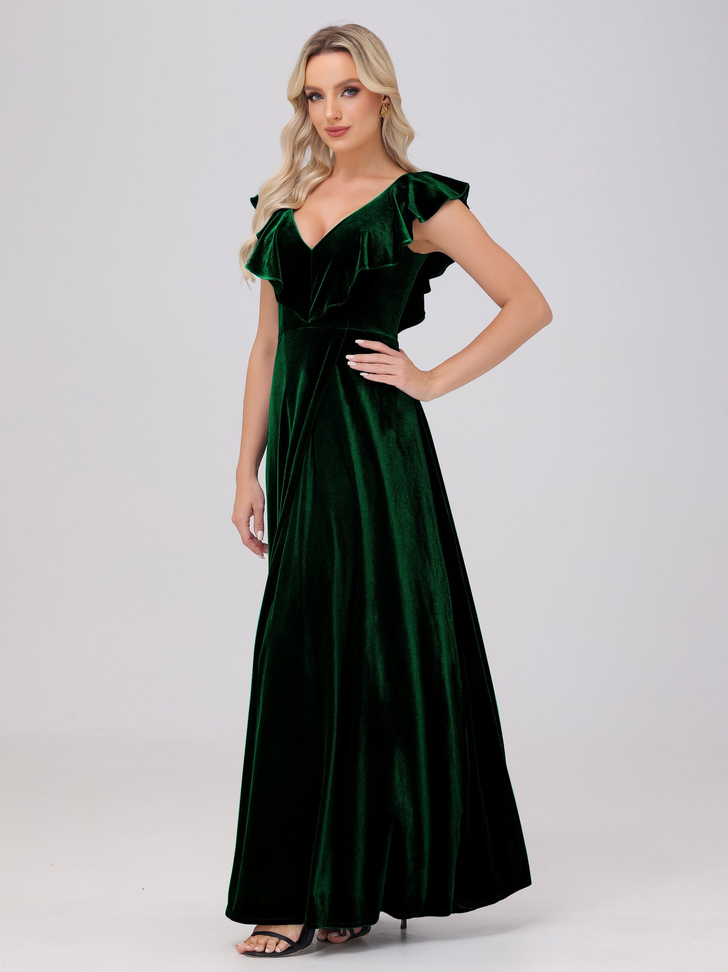 Ruffle V-Neck Velvet Bridesmaid Dresses with High Slit