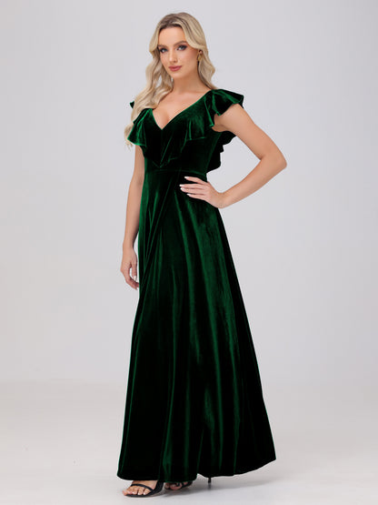 Ruffle V-Neck Velvet Bridesmaid Dresses with High Slit