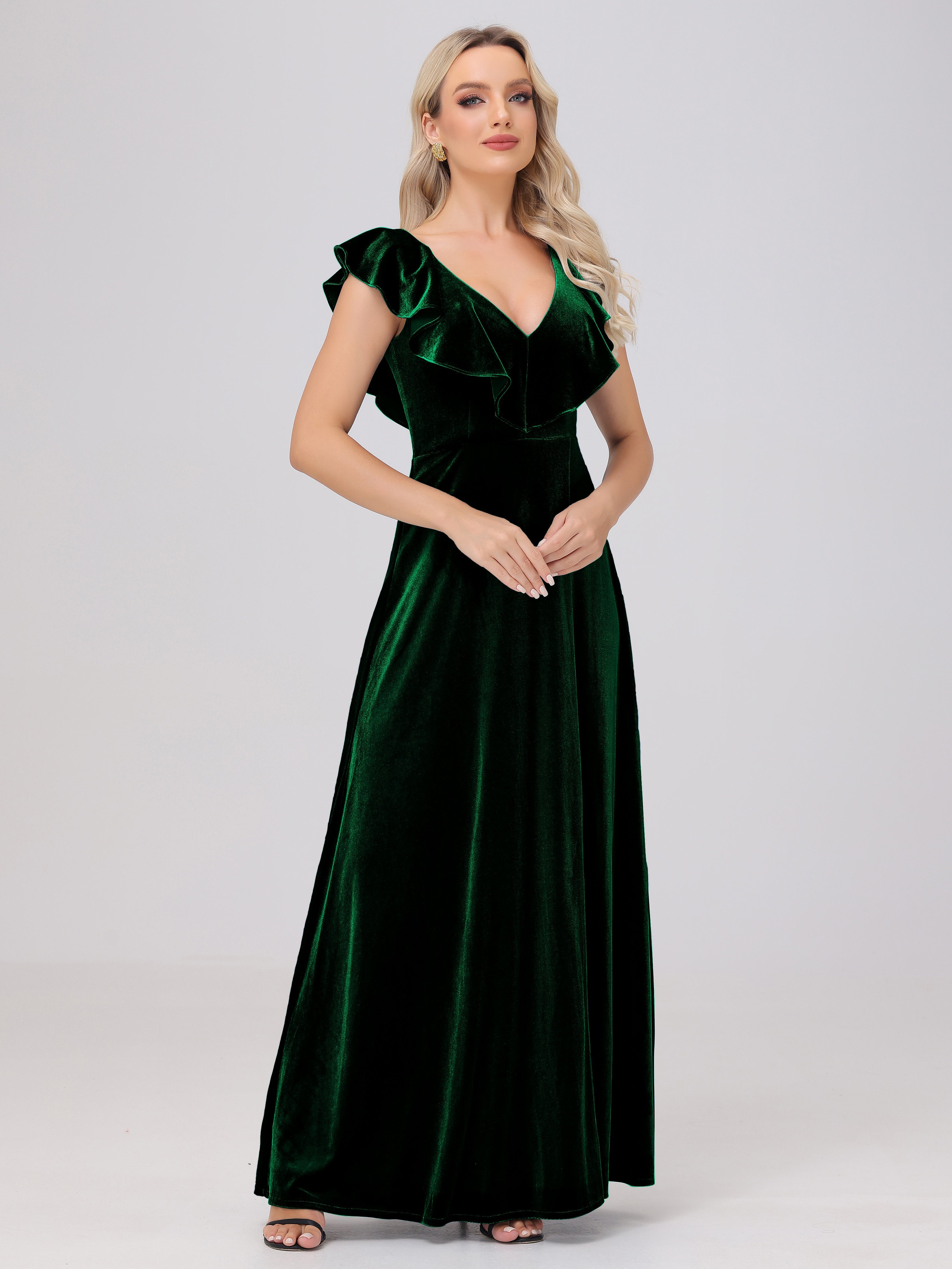 Ruffle V-Neck Velvet Bridesmaid Dresses with High Slit