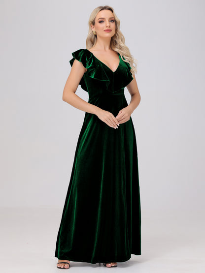 Ruffle V-Neck Velvet Bridesmaid Dresses with High Slit