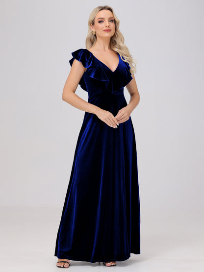 Ruffle V-Neck Velvet Bridesmaid Dresses with High Slit