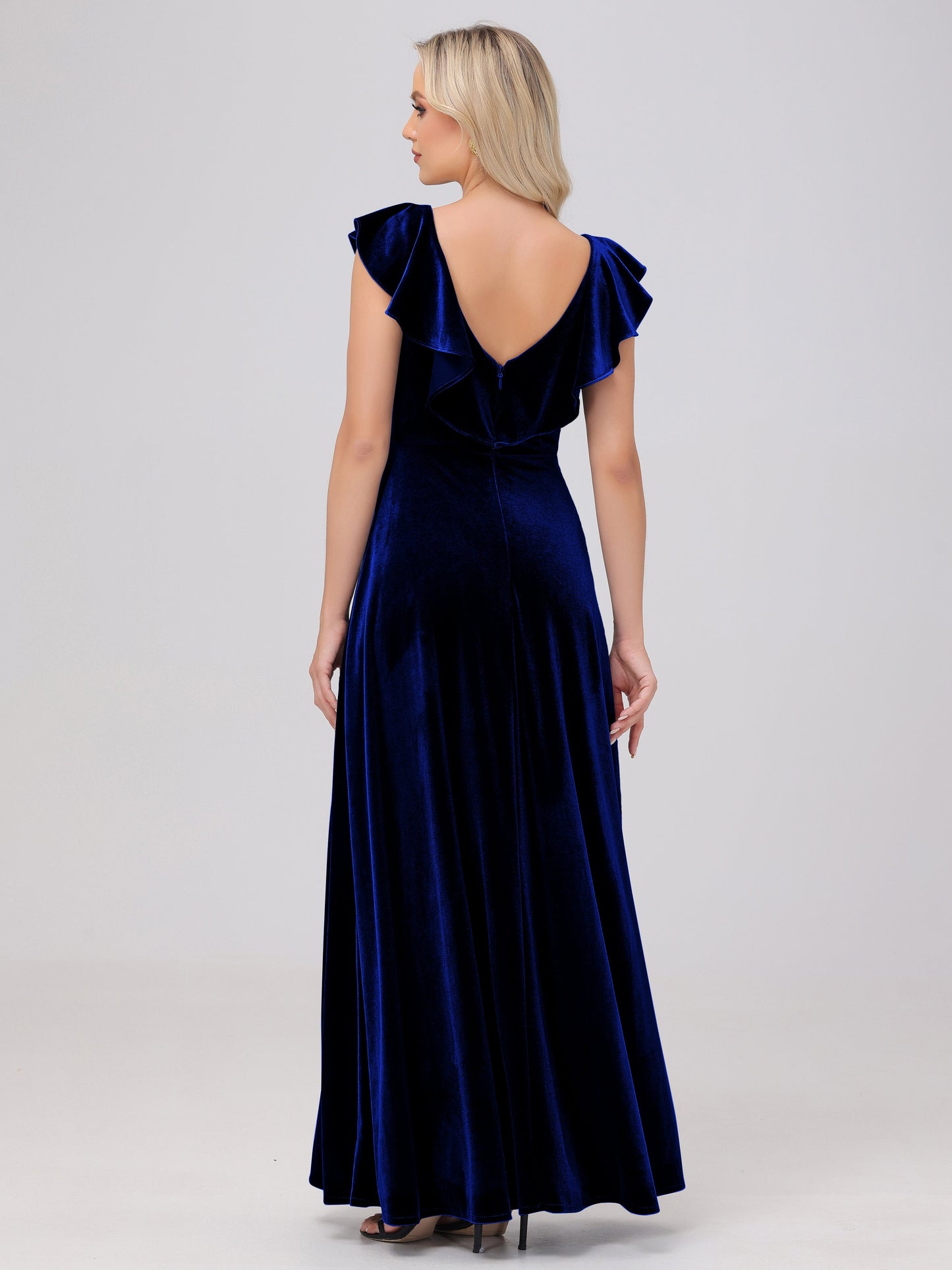 Ruffle V-Neck Velvet Bridesmaid Dresses with High Slit