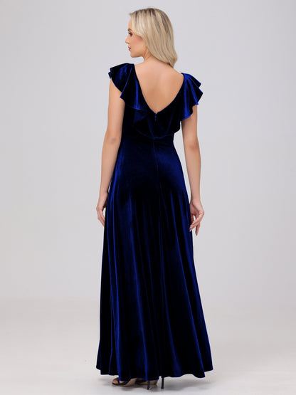 Ruffle V-Neck Velvet Bridesmaid Dresses with High Slit