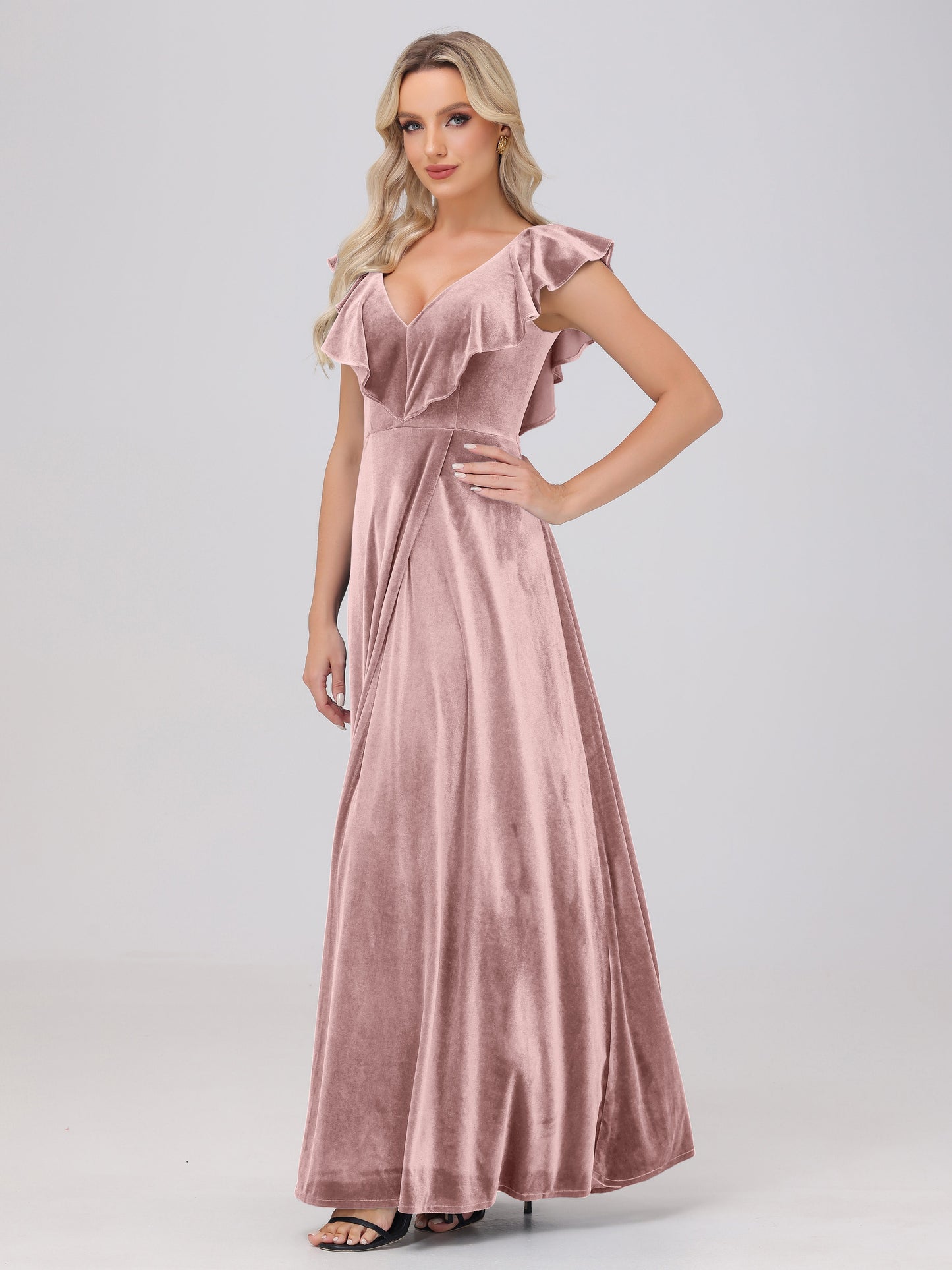 Ruffle V-Neck Velvet Bridesmaid Dresses with High Slit