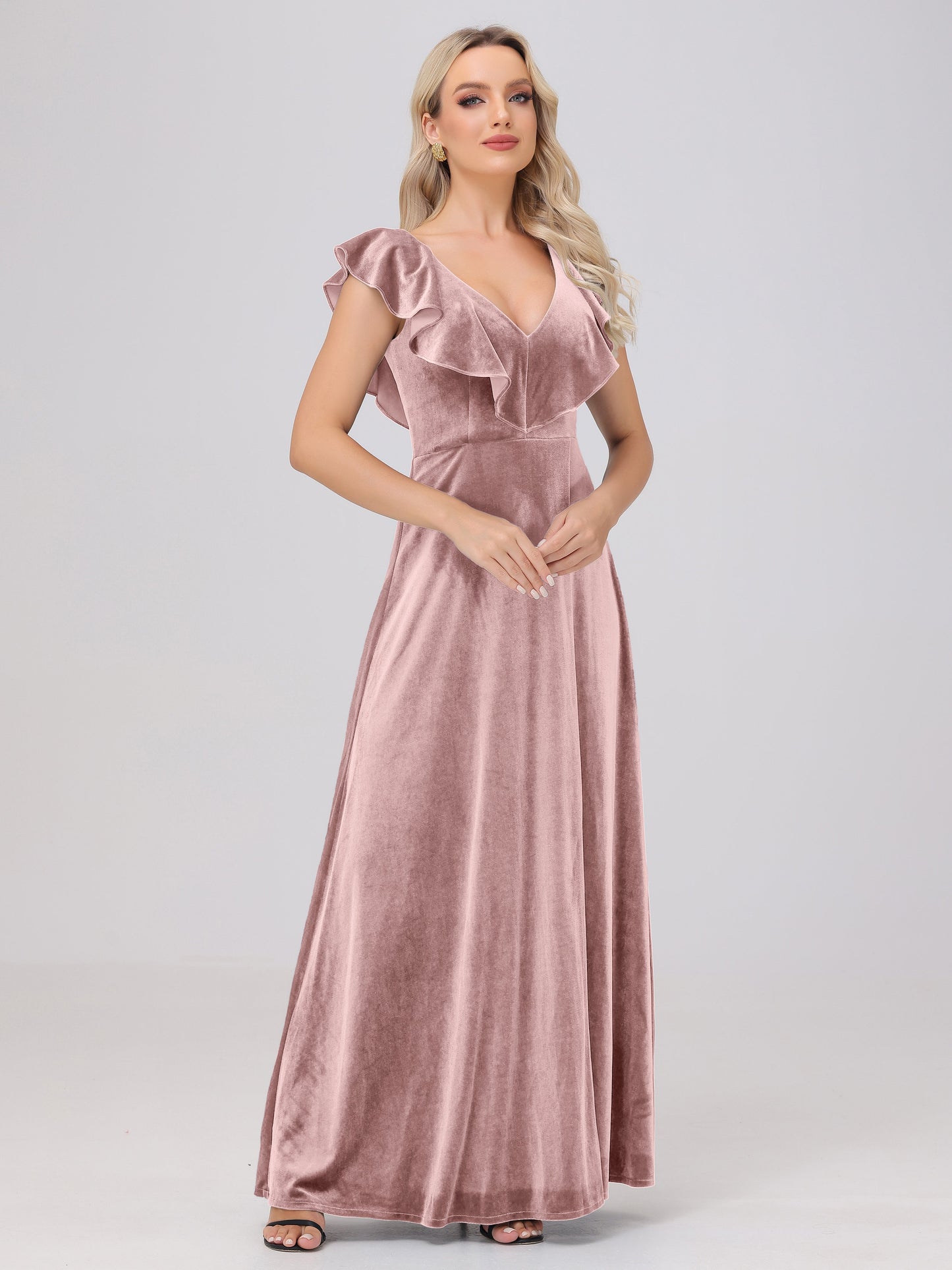 Ruffle V-Neck Velvet Bridesmaid Dresses with High Slit