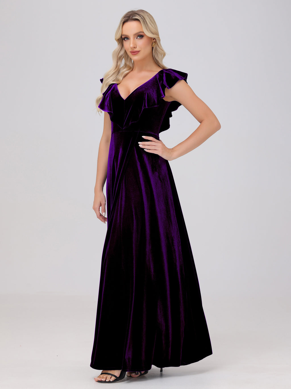 Ruffle V-Neck Velvet Bridesmaid Dresses with High Slit