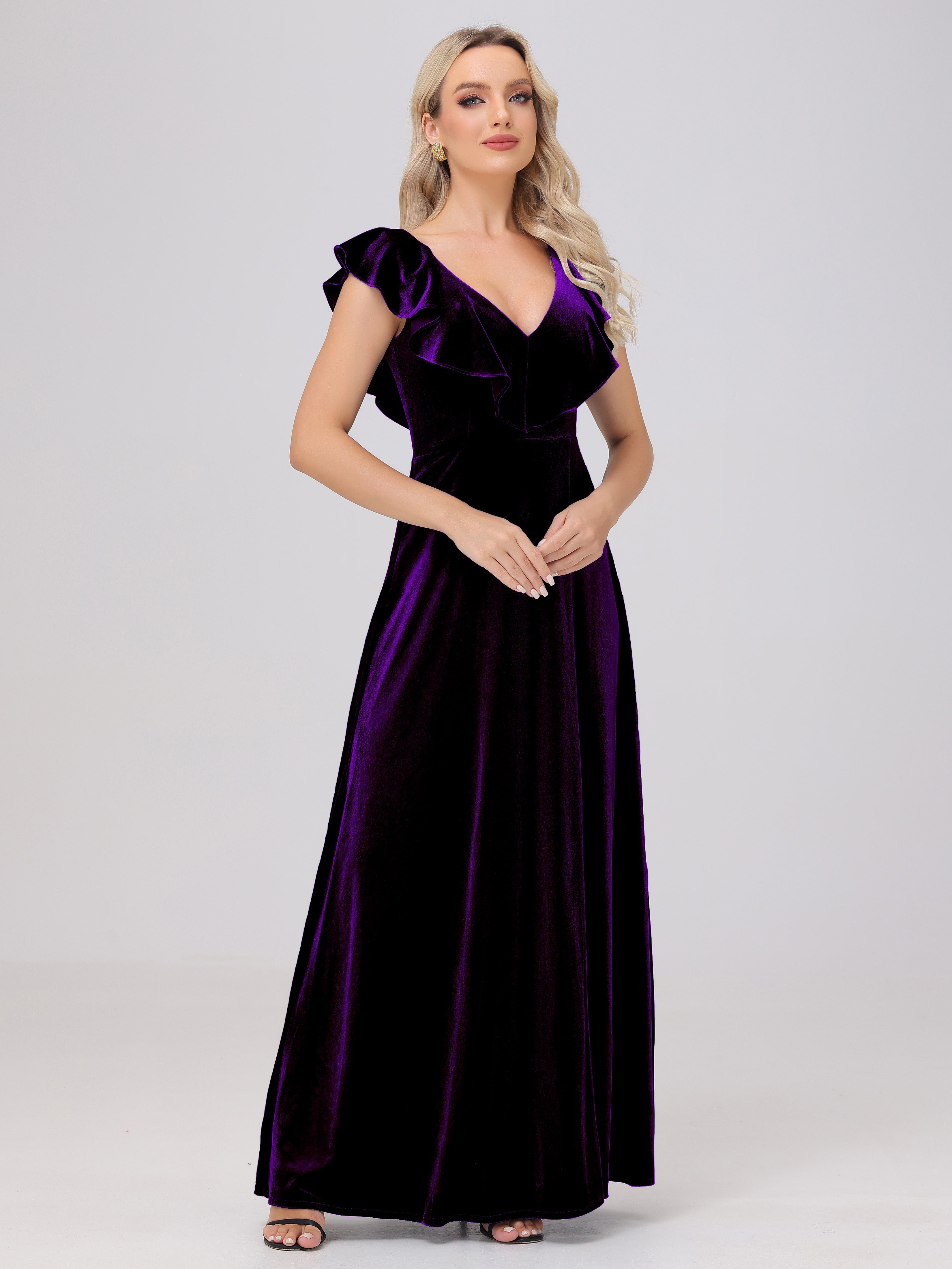Ruffle V-Neck Velvet Bridesmaid Dresses with High Slit