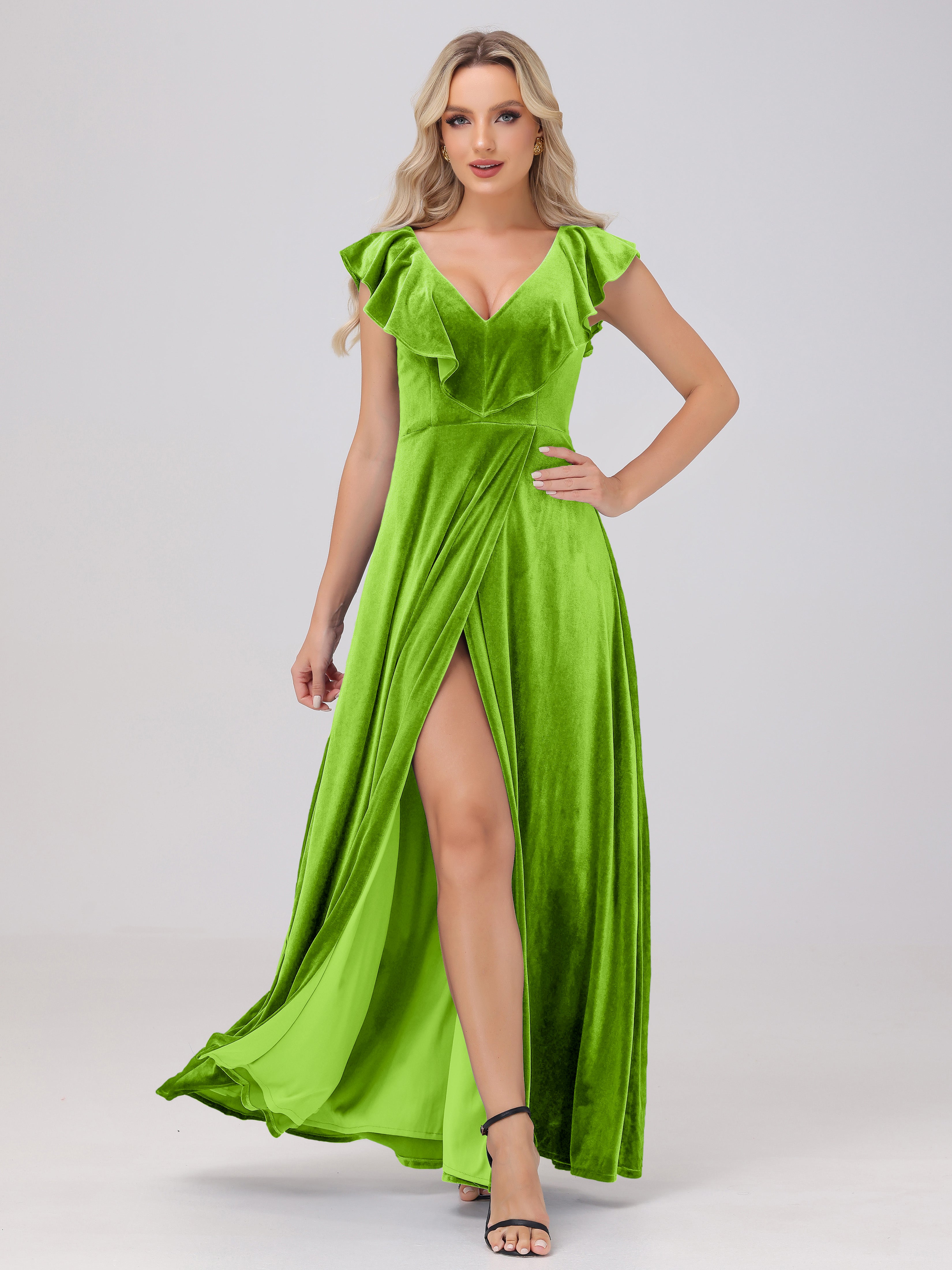 Ruffle V-Neck Velvet Bridesmaid Dresses with High Slit