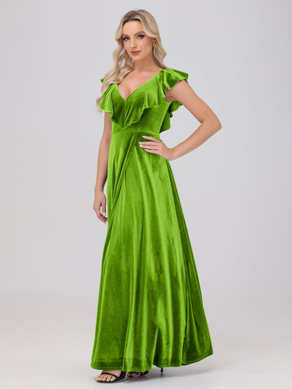 Ruffle V-Neck Velvet Bridesmaid Dresses with High Slit