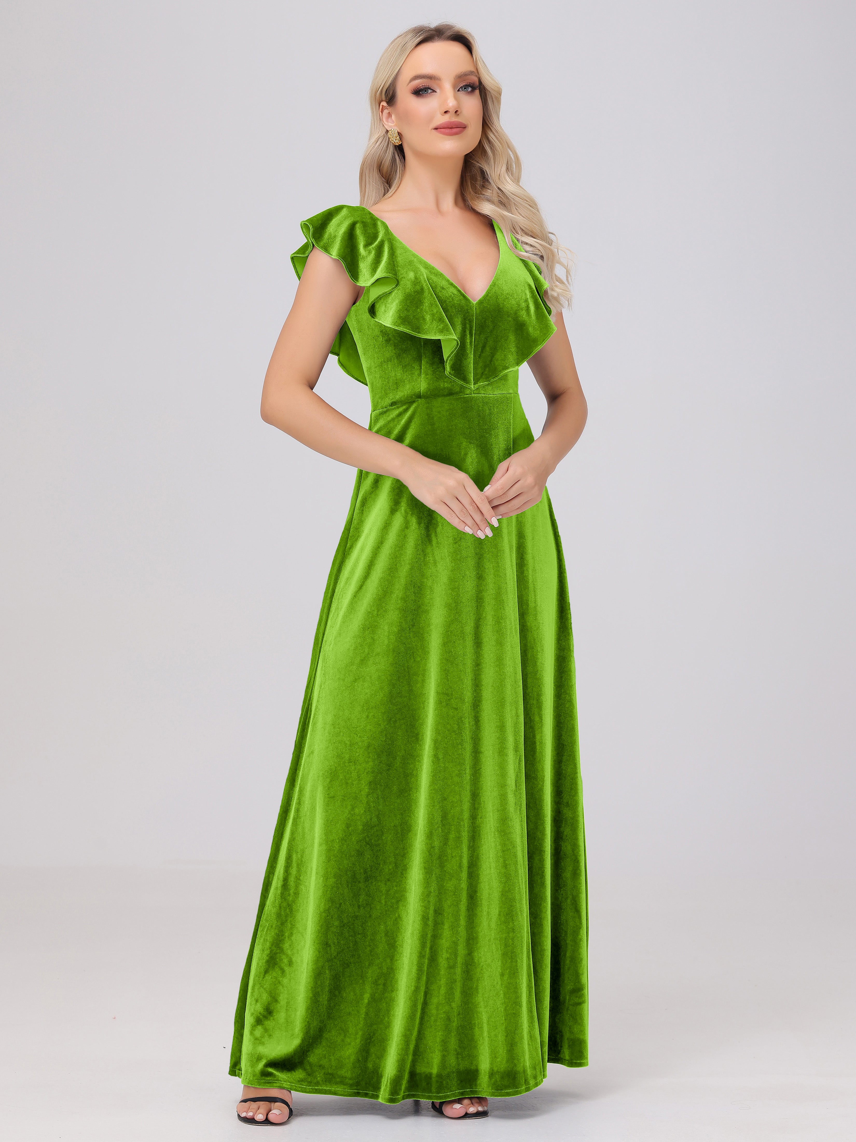 Ruffle V-Neck Velvet Bridesmaid Dresses with High Slit