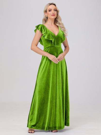 Ruffle V-Neck Velvet Bridesmaid Dresses with High Slit