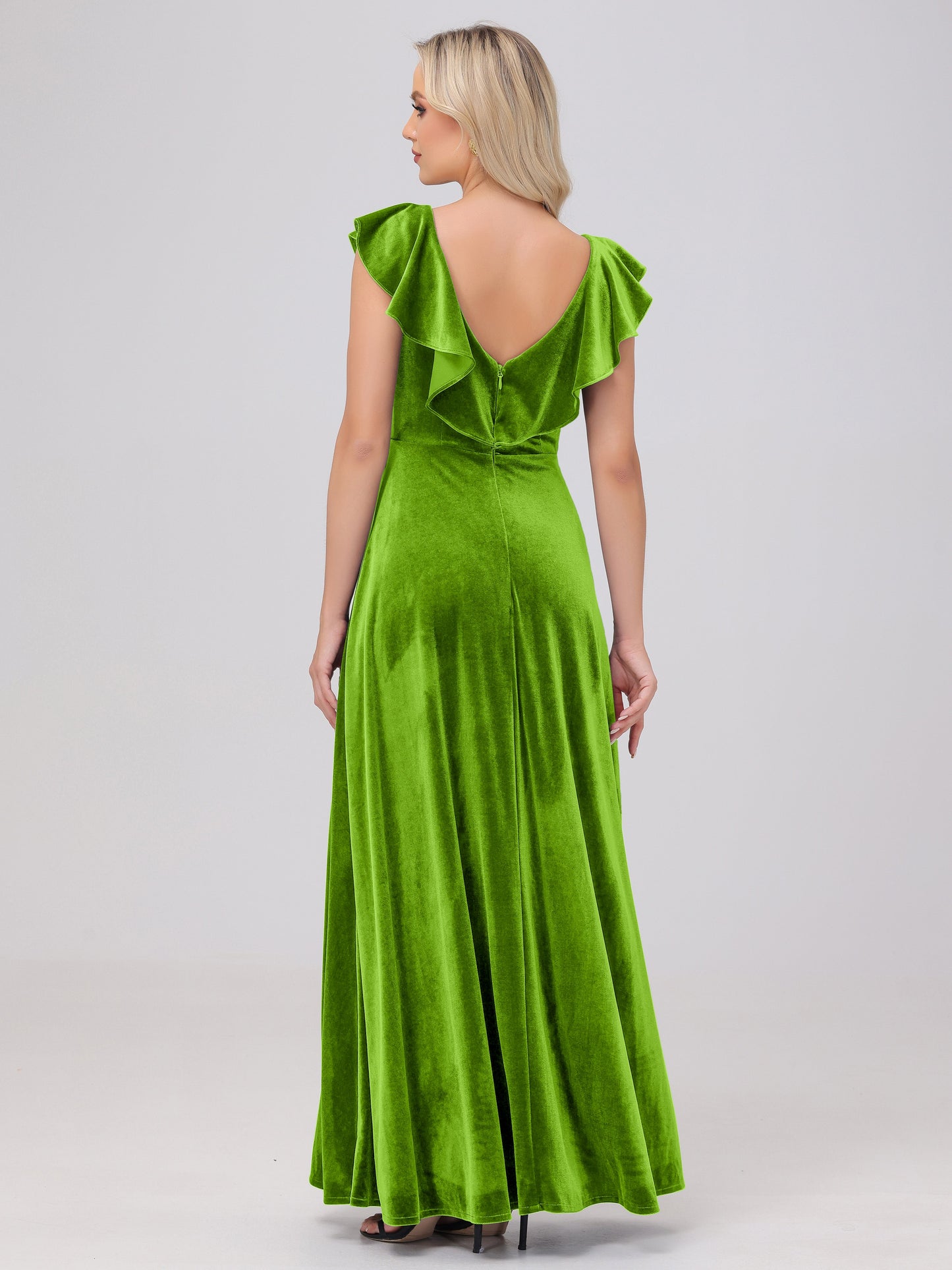 Ruffle V-Neck Velvet Bridesmaid Dresses with High Slit