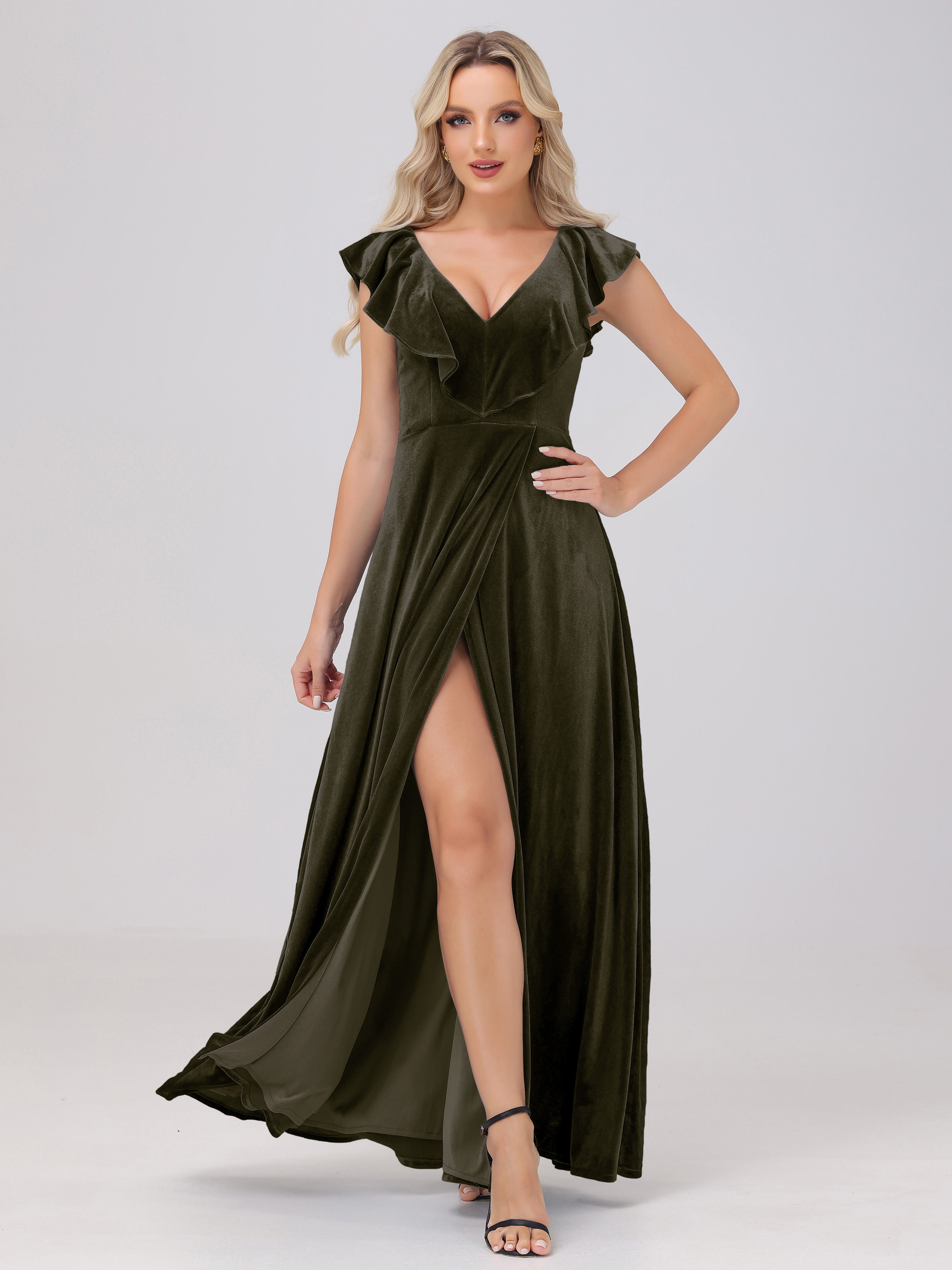 Ruffle V-Neck Velvet Bridesmaid Dresses with High Slit