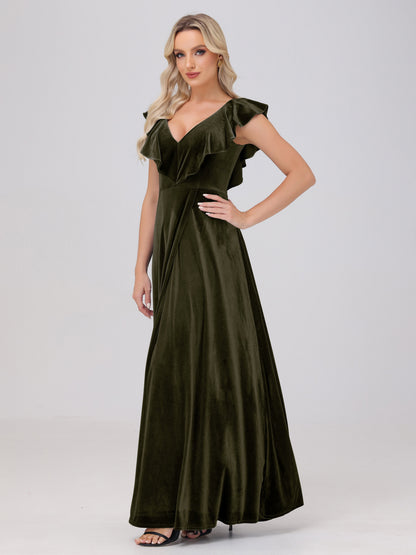 Ruffle V-Neck Velvet Bridesmaid Dresses with High Slit