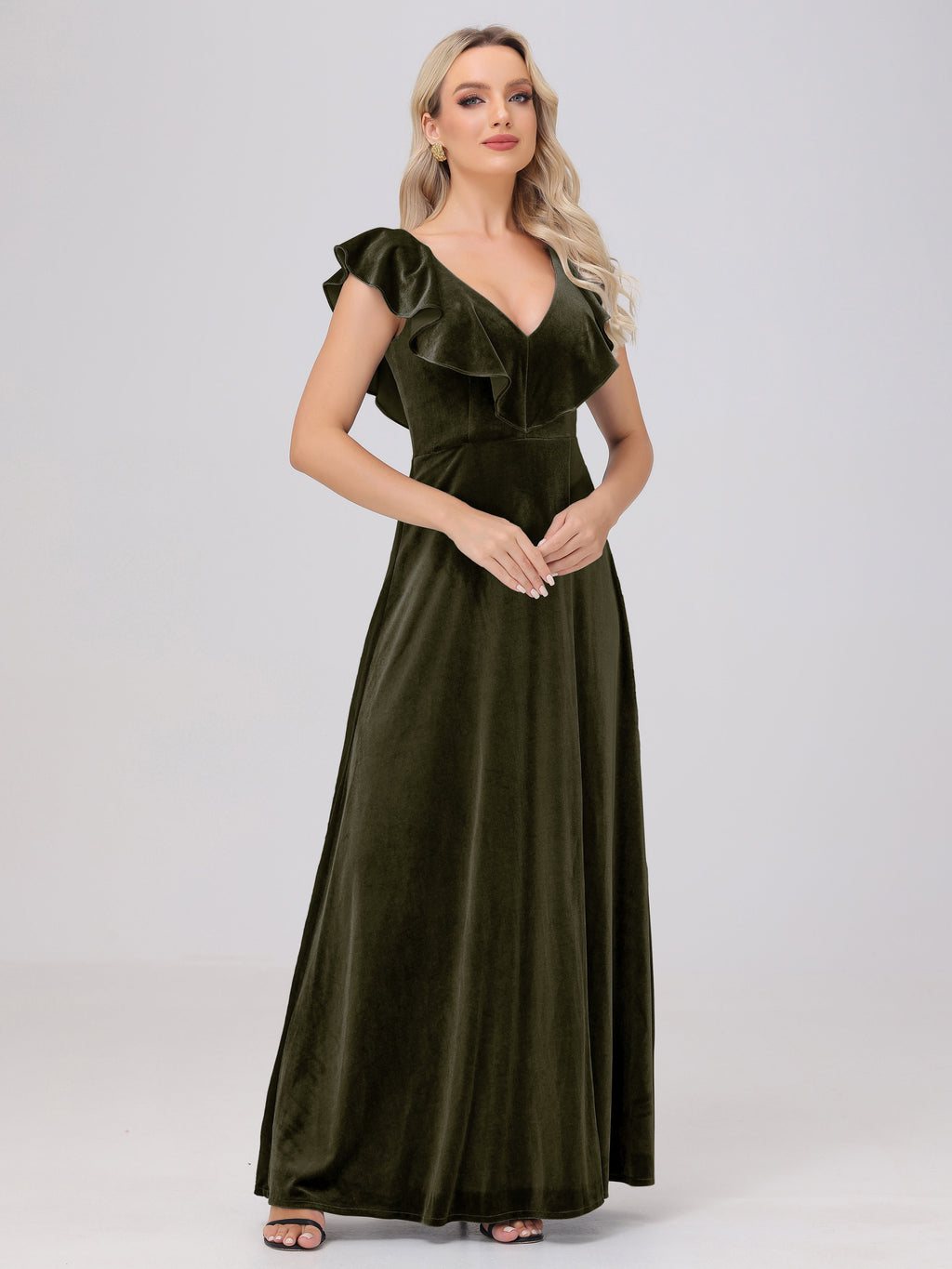 Ruffle V-Neck Velvet Bridesmaid Dresses with High Slit