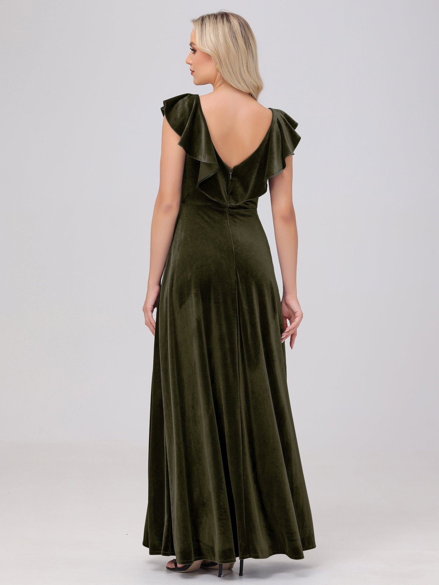 Ruffle V-Neck Velvet Bridesmaid Dresses with High Slit