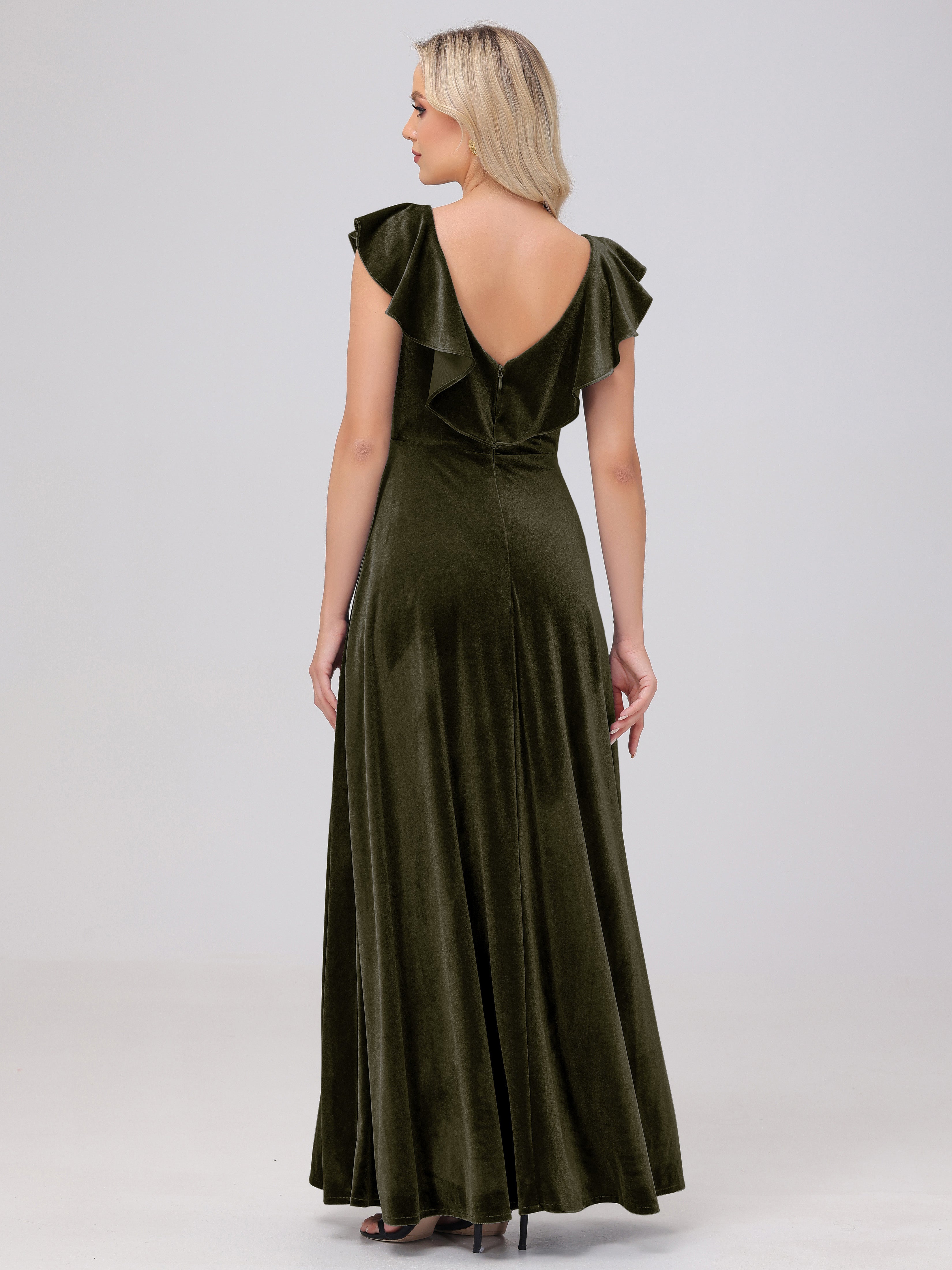 Ruffle V-Neck Velvet Bridesmaid Dresses with High Slit