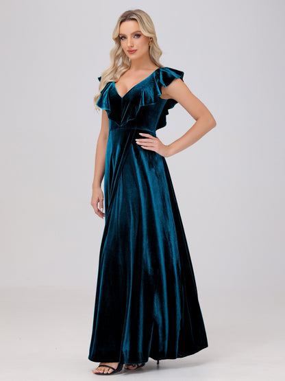 Ruffle V-Neck Velvet Bridesmaid Dresses with High Slit