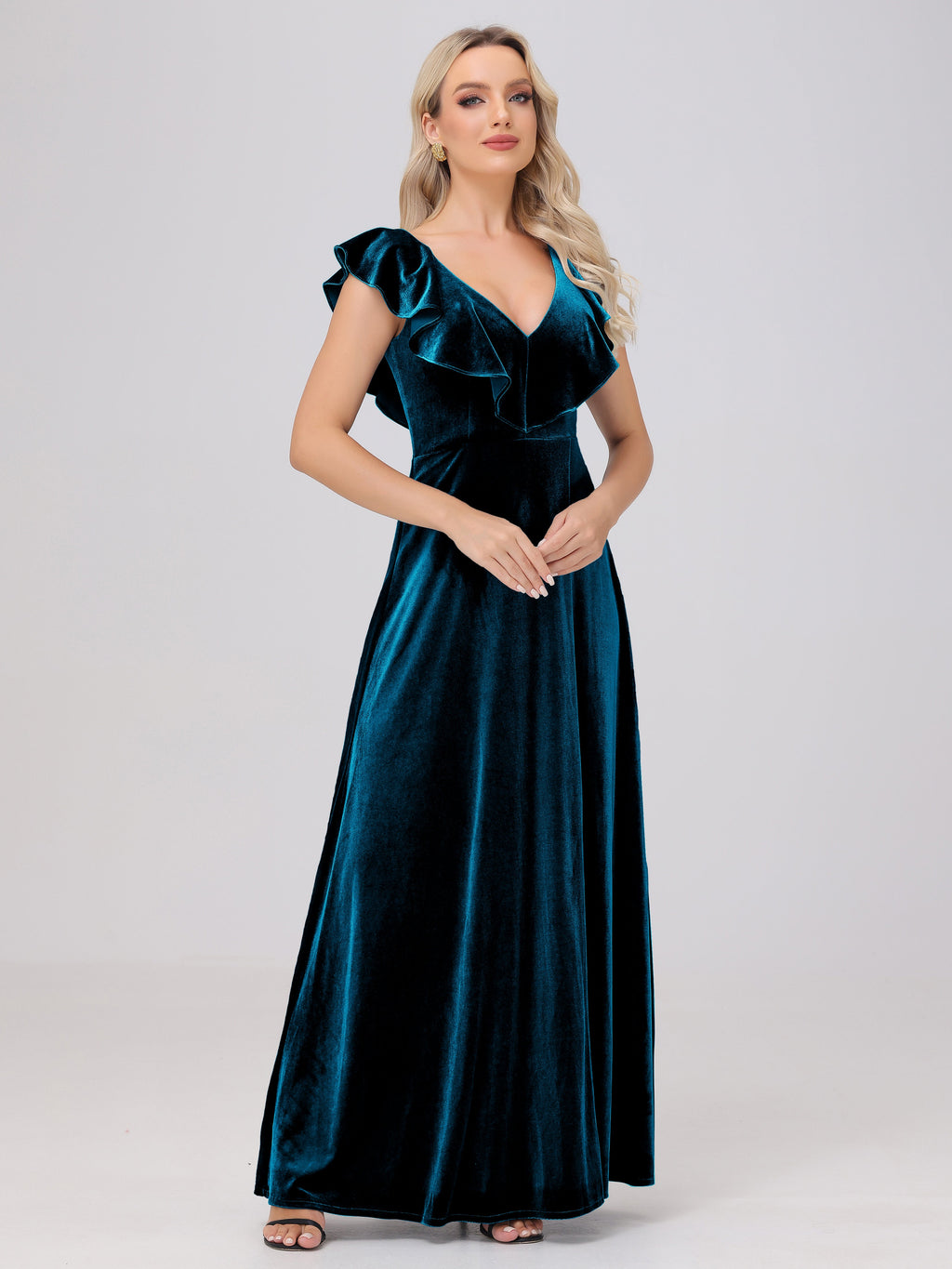 Ruffle V-Neck Velvet Bridesmaid Dresses with High Slit