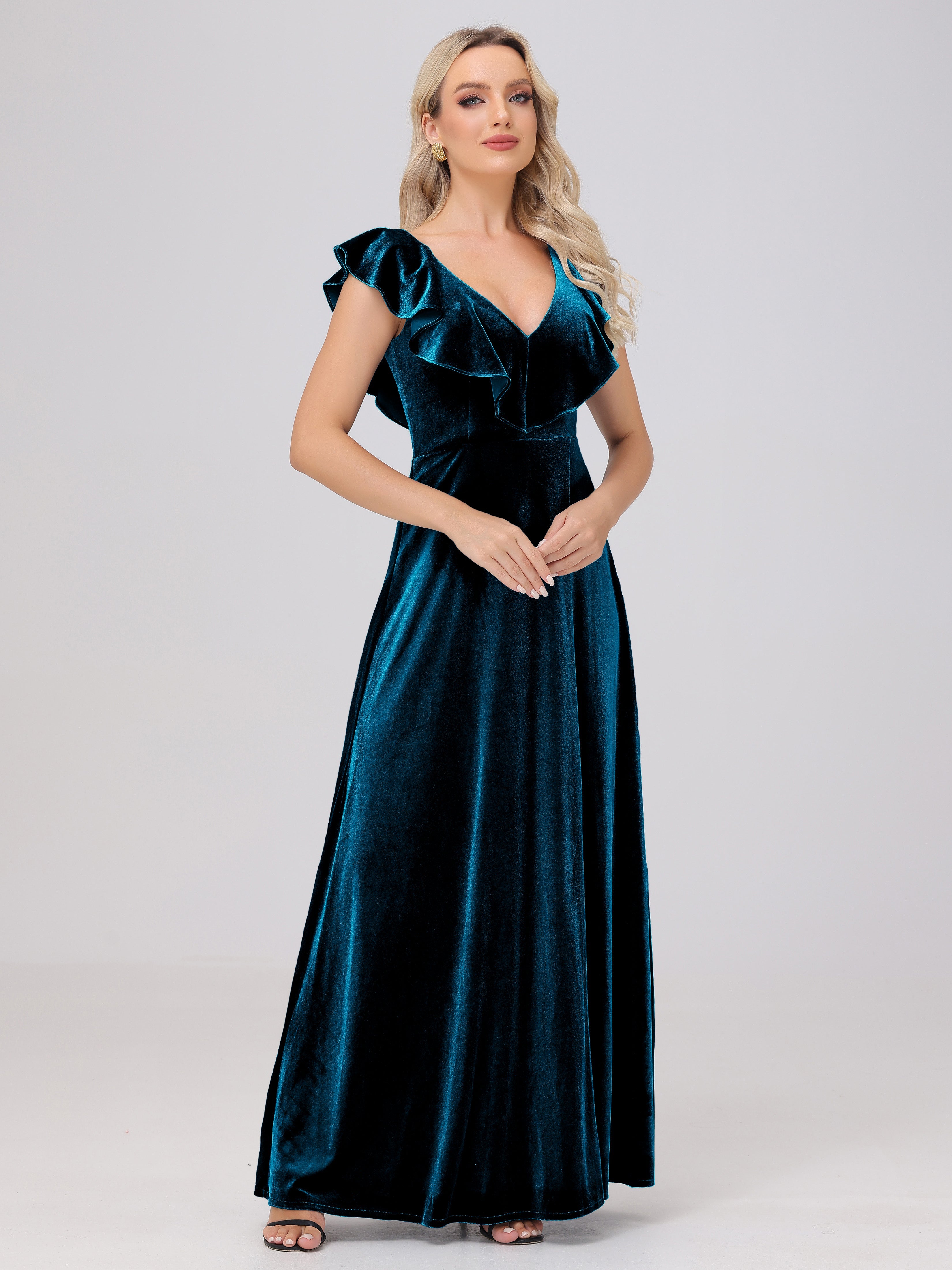 Ruffle V-Neck Velvet Bridesmaid Dresses with High Slit
