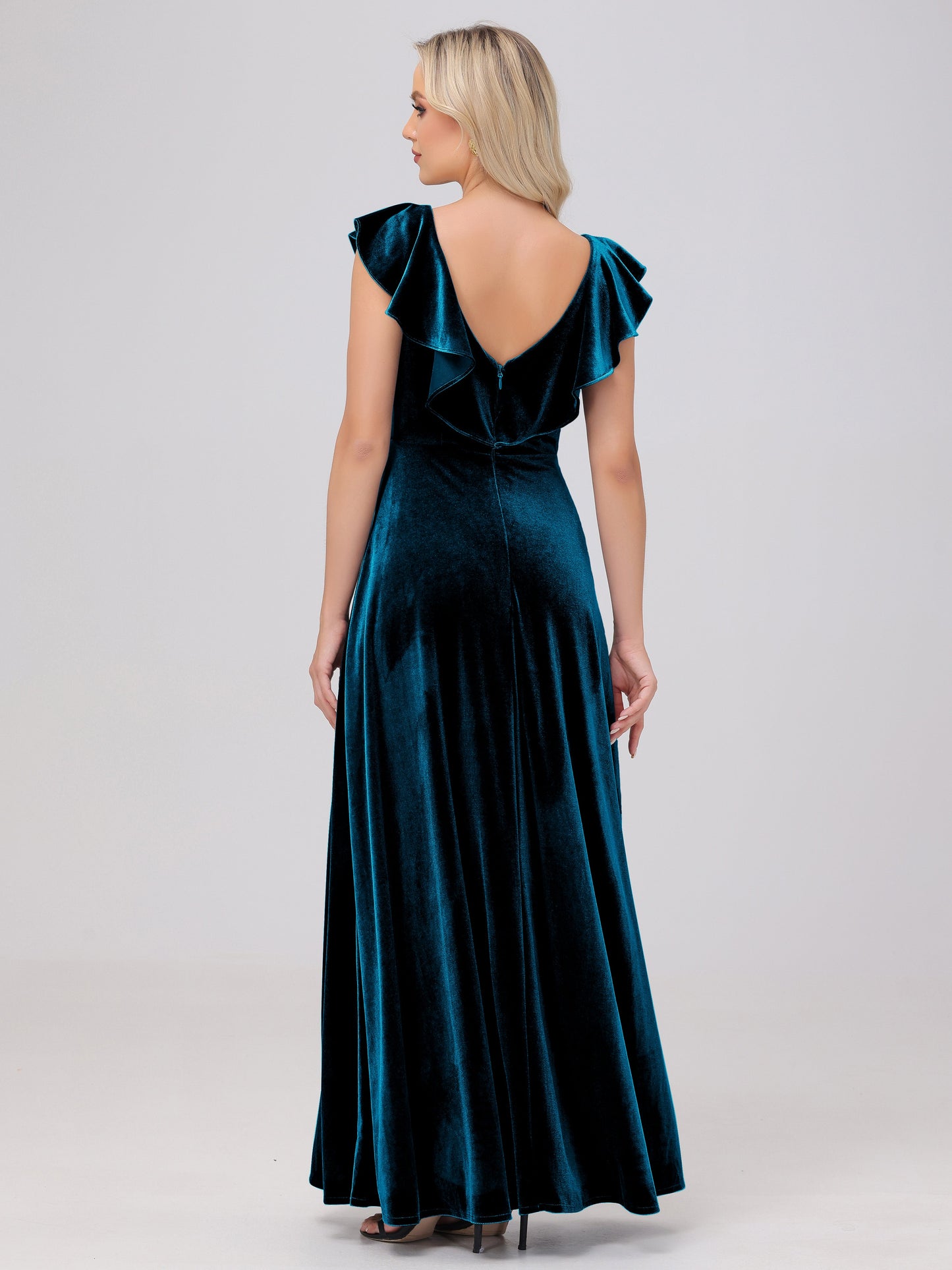 Ruffle V-Neck Velvet Bridesmaid Dresses with High Slit
