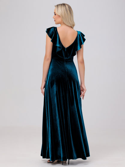 Ruffle V-Neck Velvet Bridesmaid Dresses with High Slit