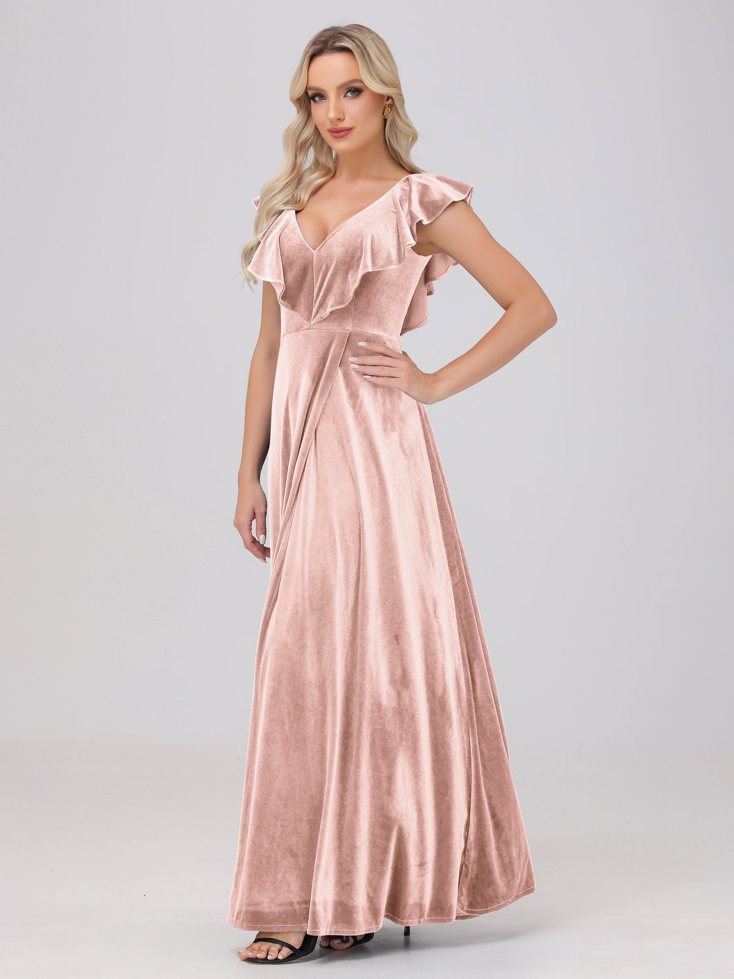 Ruffle V-Neck Velvet Bridesmaid Dresses with High Slit