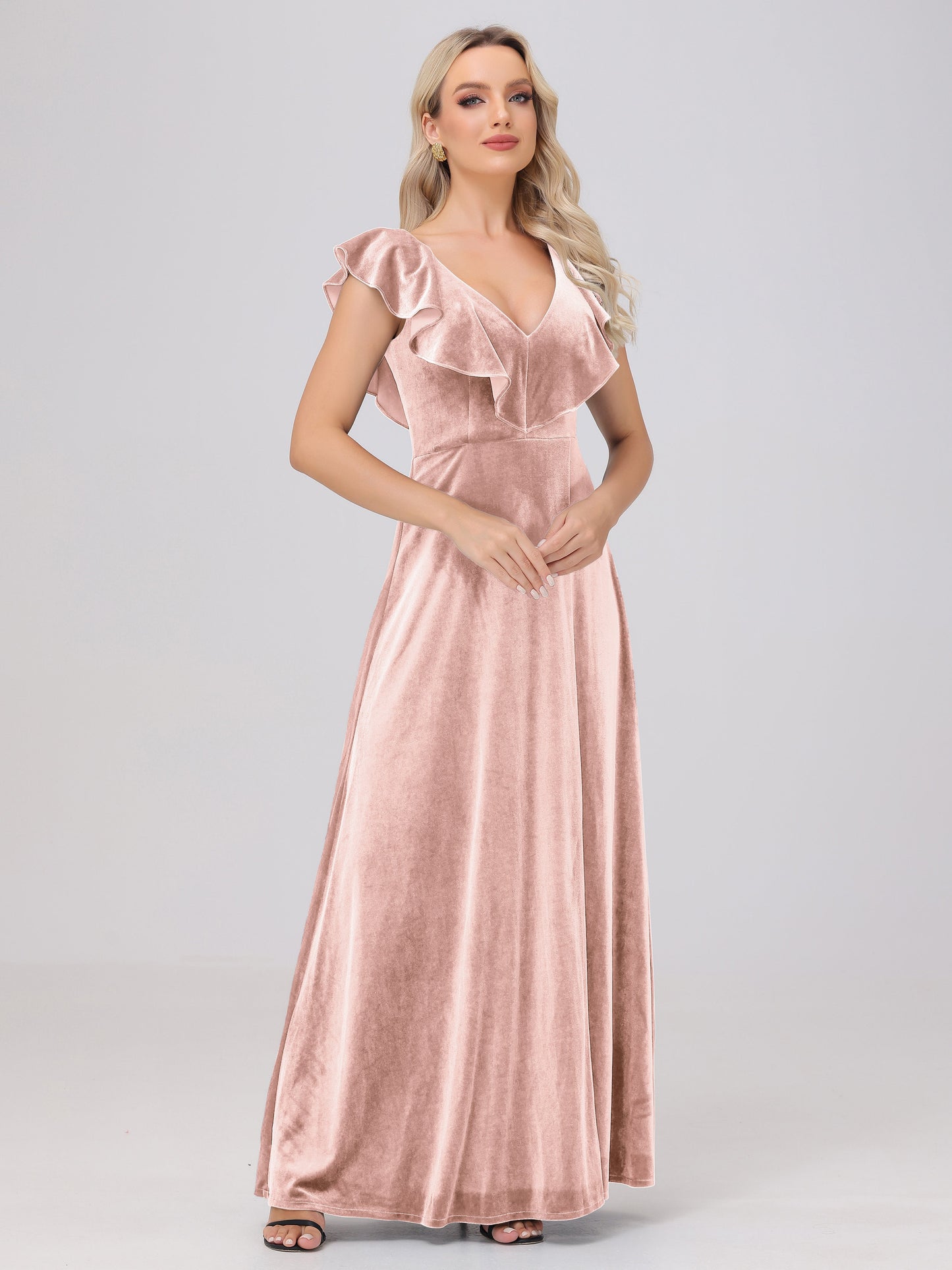Ruffle V-Neck Velvet Bridesmaid Dresses with High Slit