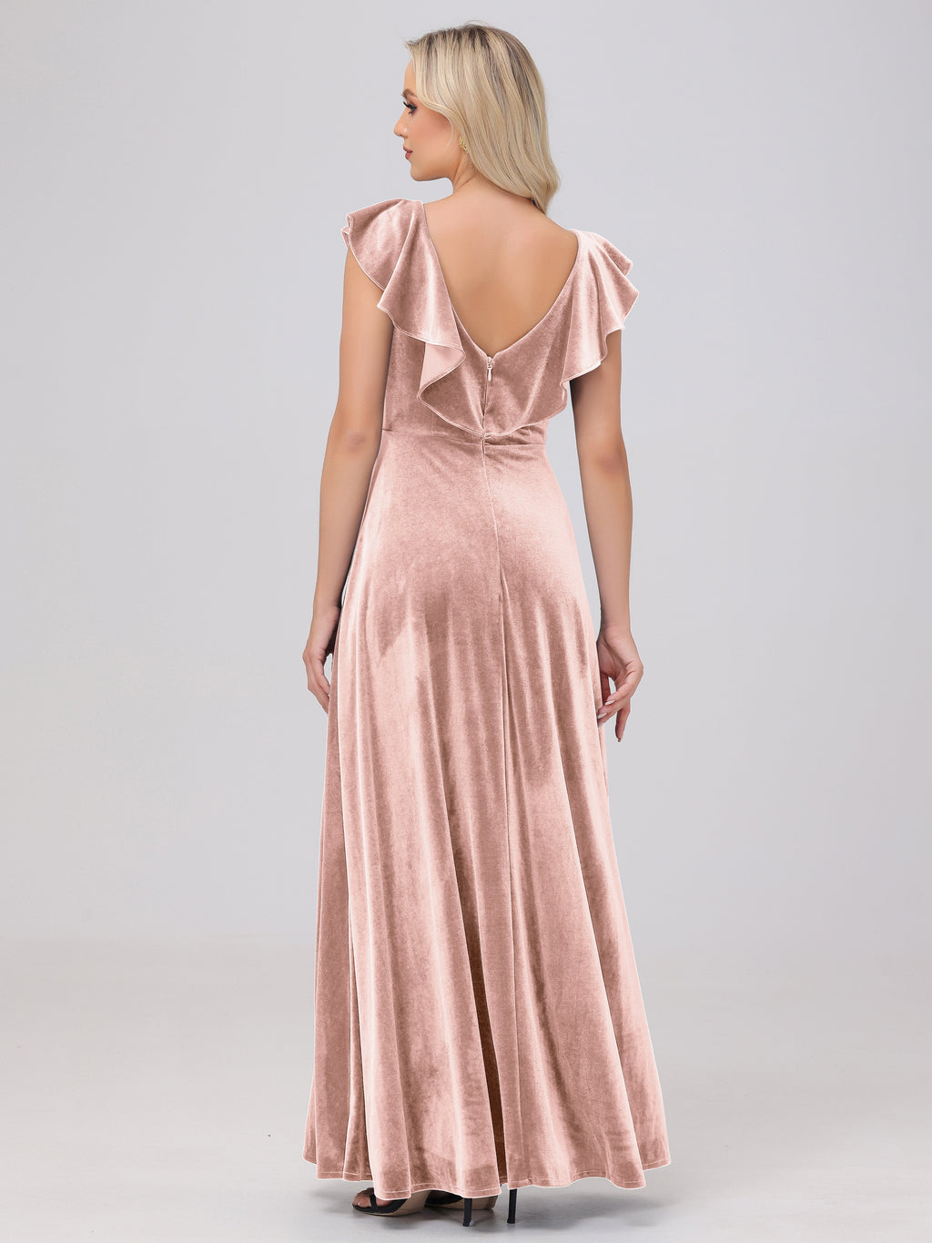 Ruffle V-Neck Velvet Bridesmaid Dresses with High Slit