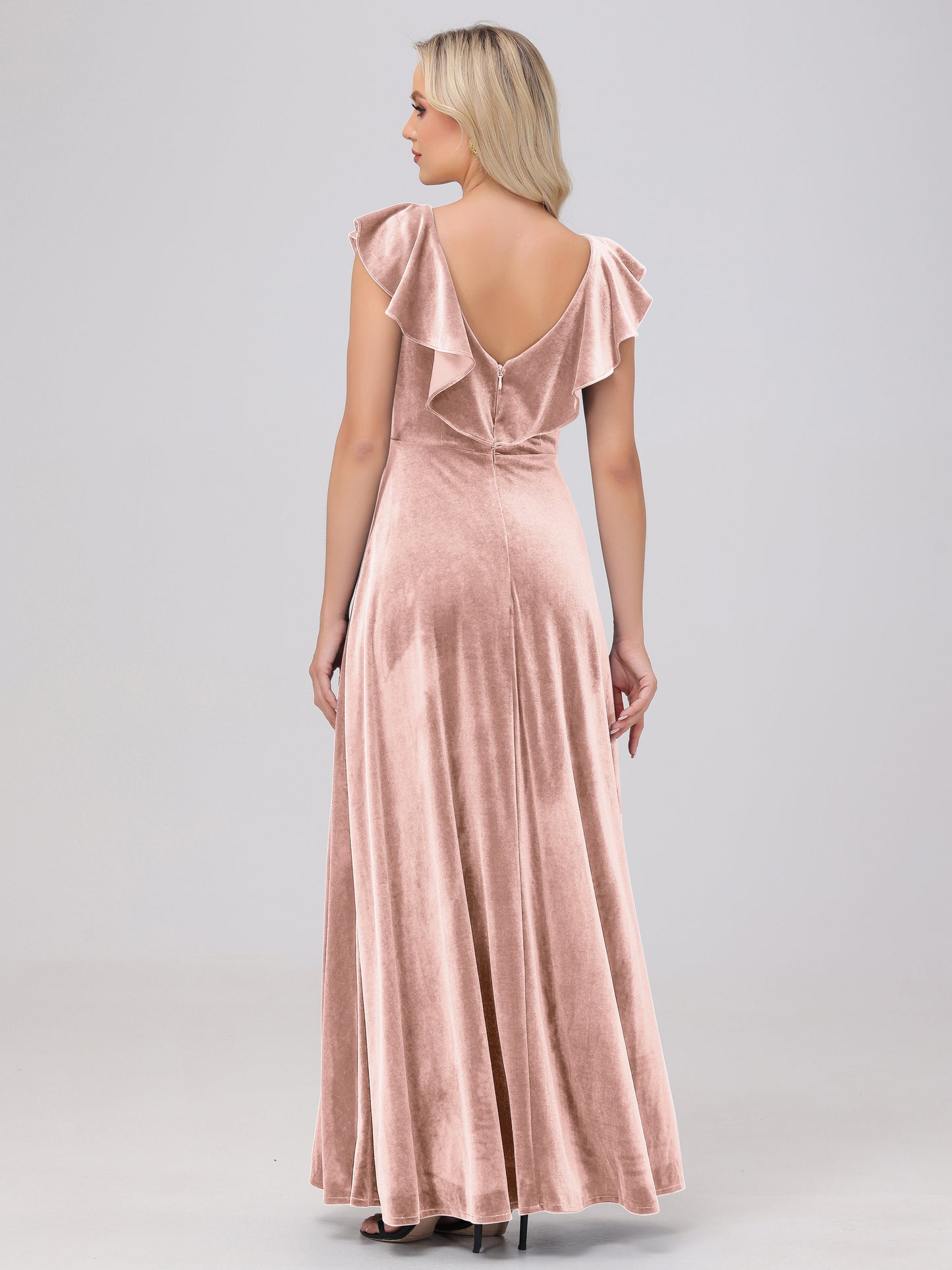 Ruffle V-Neck Velvet Bridesmaid Dresses with High Slit