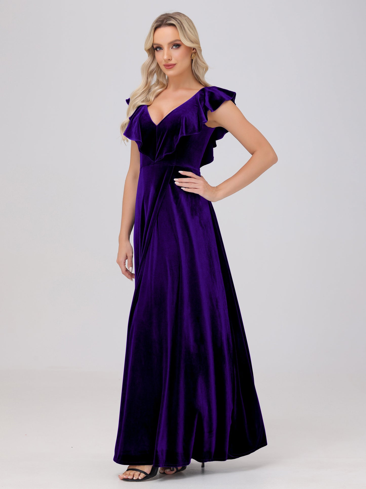 Ruffle V-Neck Velvet Bridesmaid Dresses with High Slit