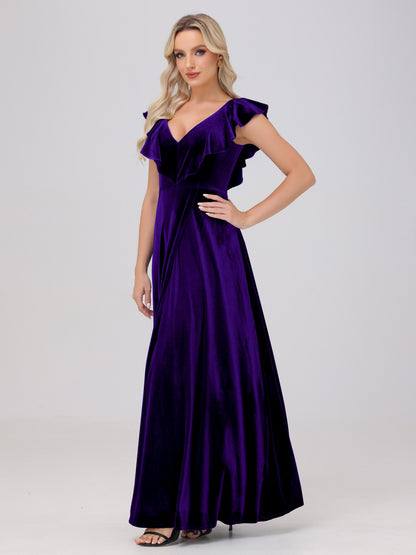 Ruffle V-Neck Velvet Bridesmaid Dresses with High Slit