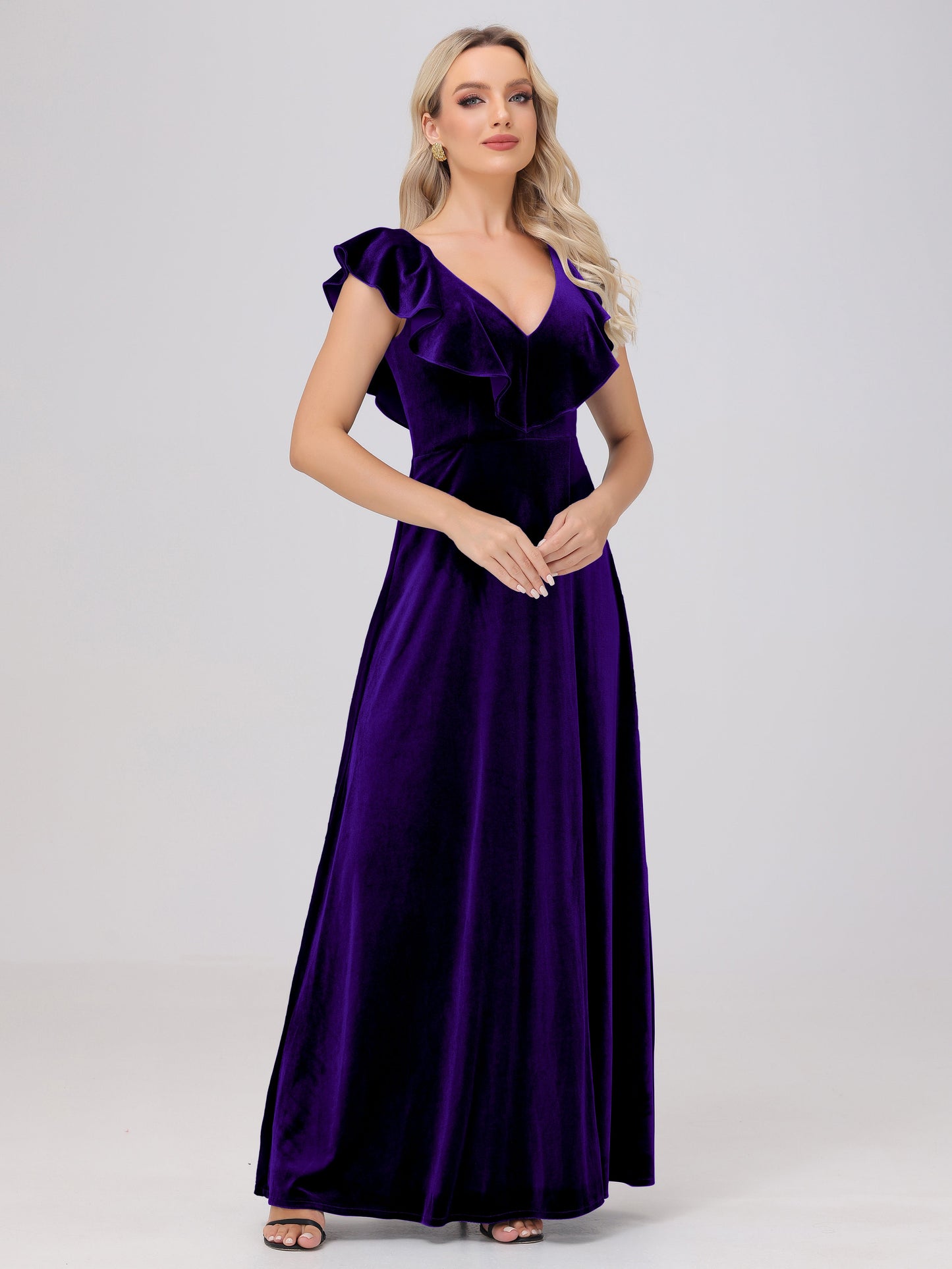 Ruffle V-Neck Velvet Bridesmaid Dresses with High Slit