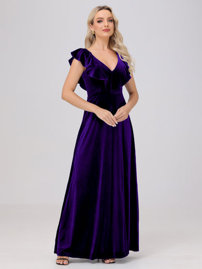 Ruffle V-Neck Velvet Bridesmaid Dresses with High Slit