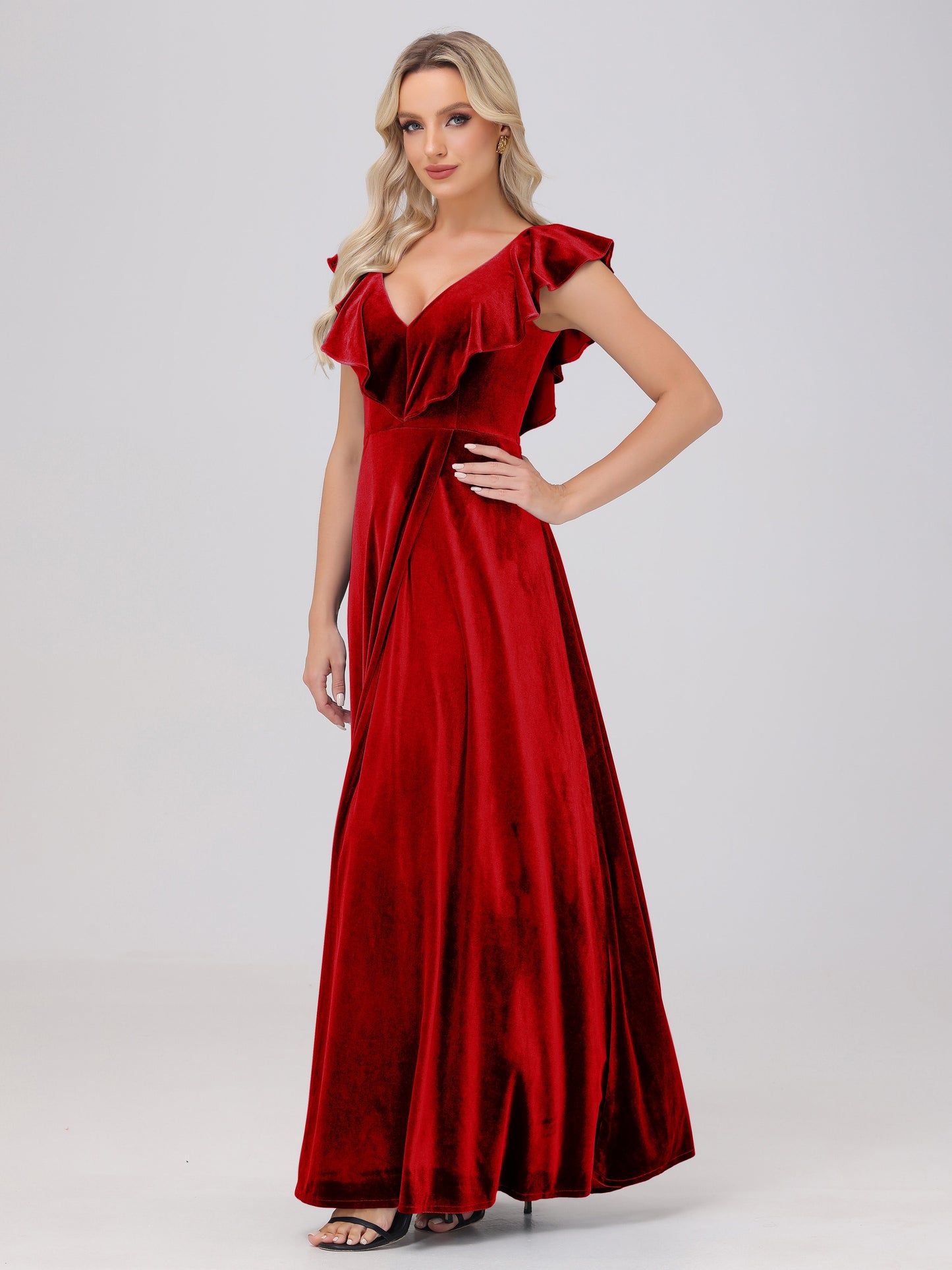 Ruffle V-Neck Velvet Bridesmaid Dresses with High Slit