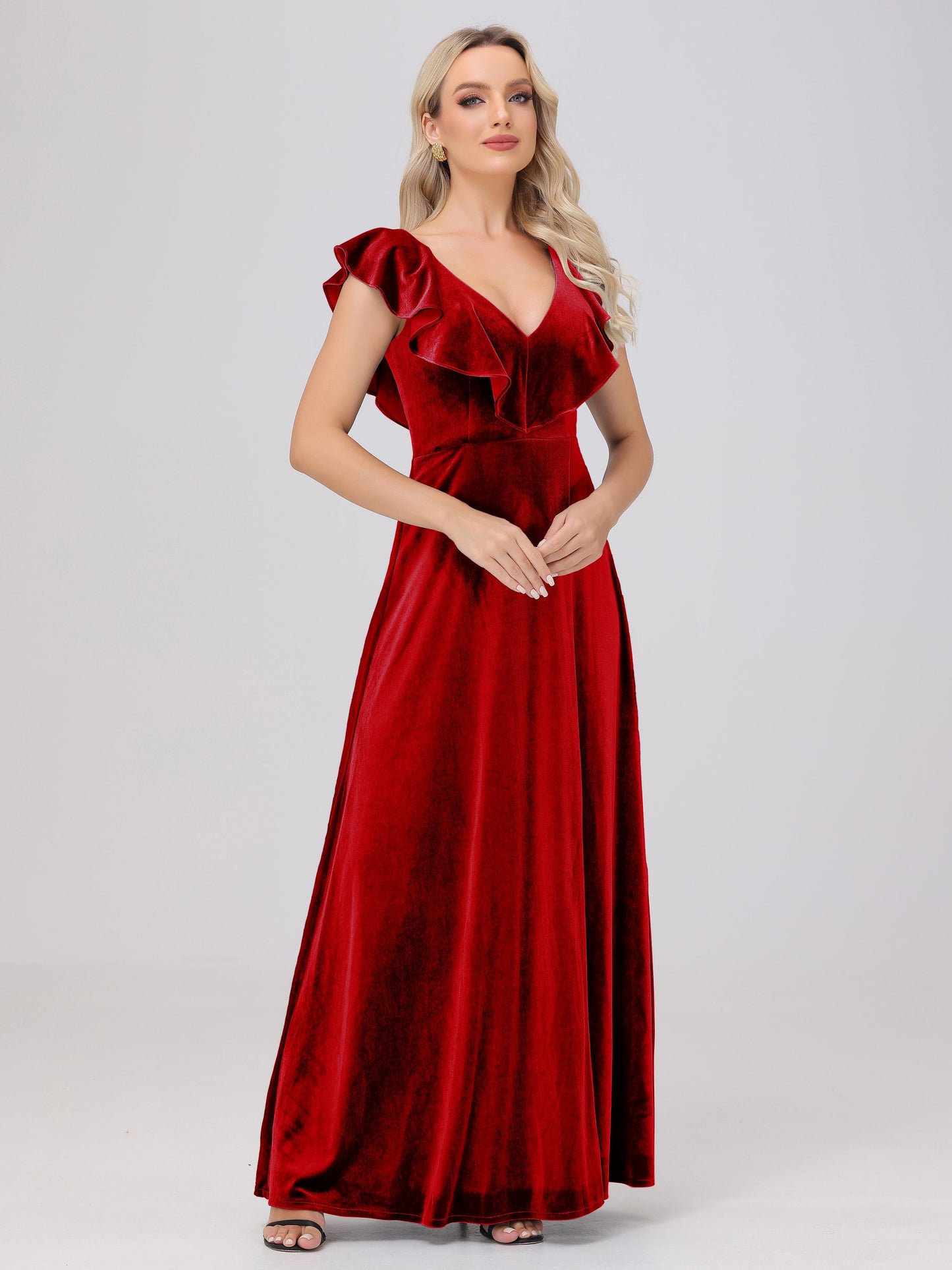 Ruffle V-Neck Velvet Bridesmaid Dresses with High Slit