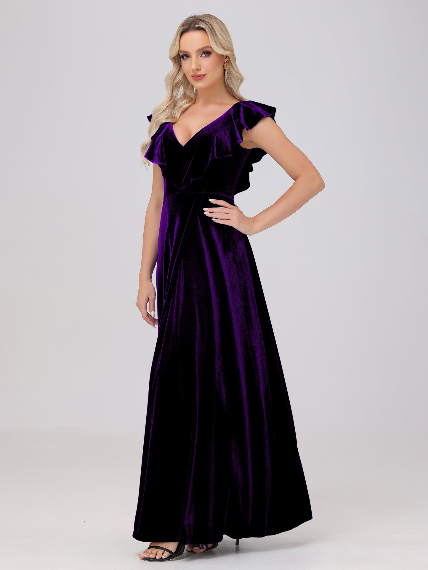 Ruffle V-Neck Velvet Bridesmaid Dresses with High Slit