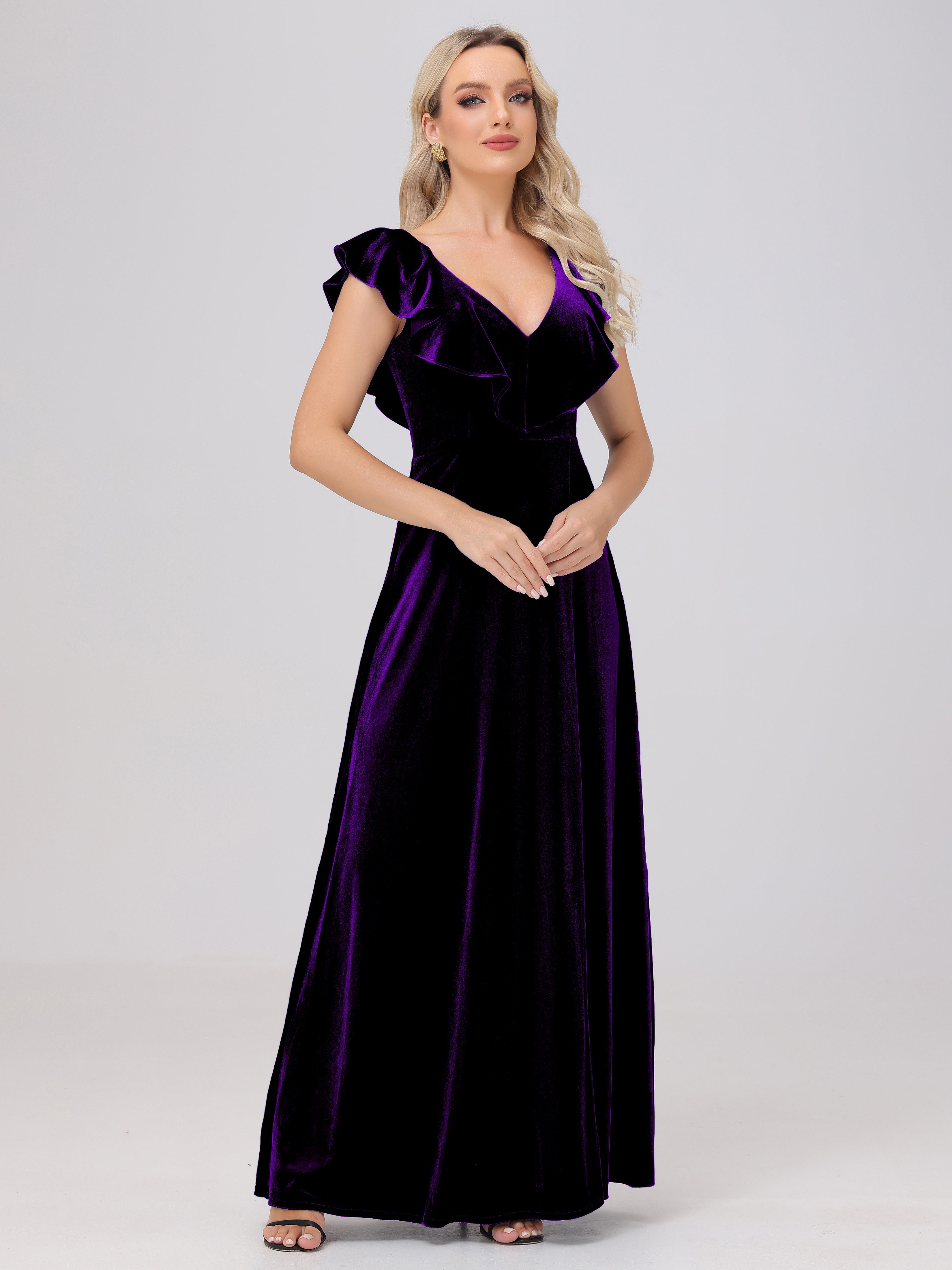 Ruffle V-Neck Velvet Bridesmaid Dresses with High Slit