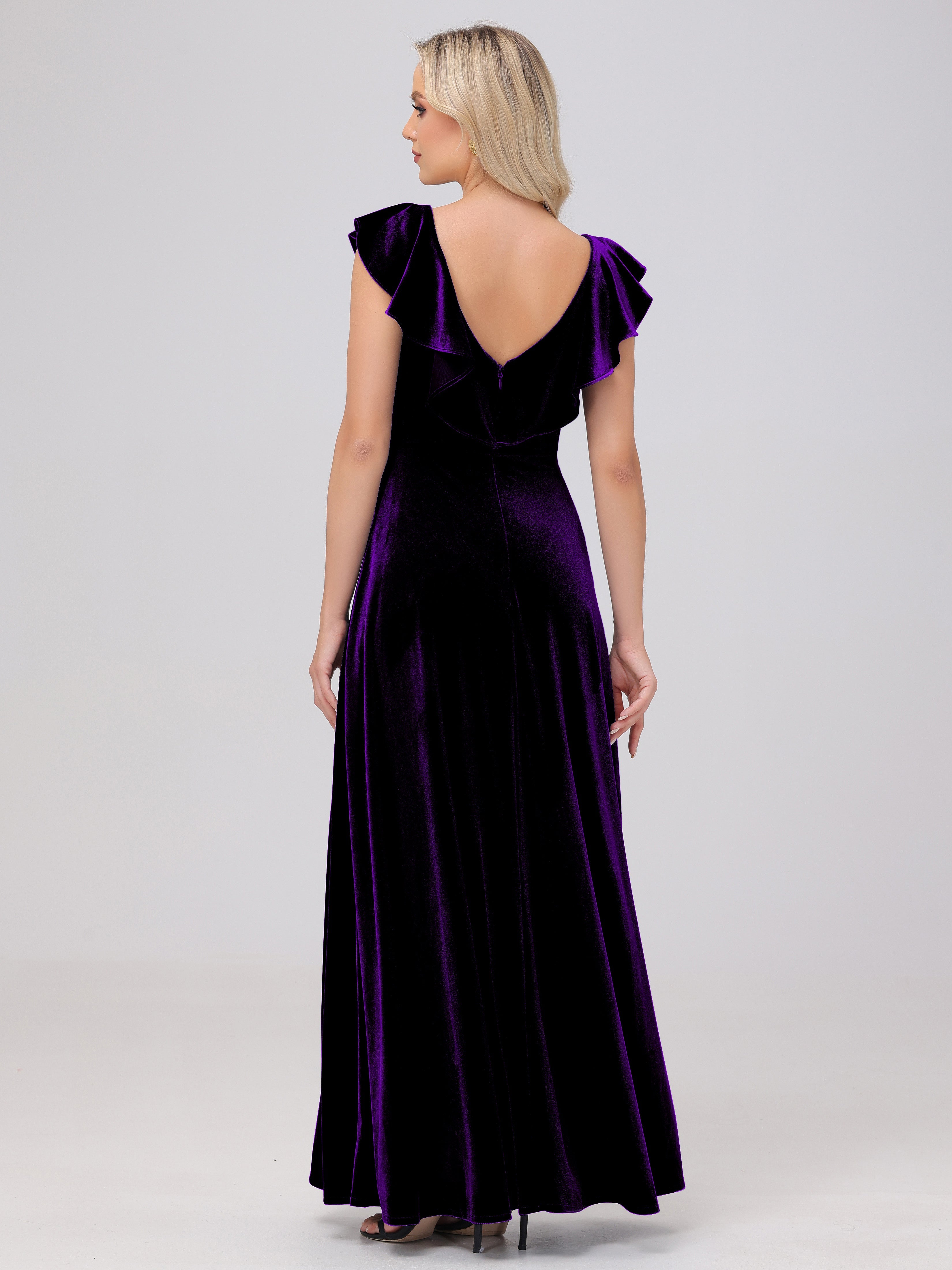 Ruffle V-Neck Velvet Bridesmaid Dresses with High Slit