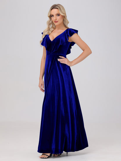 Ruffle V-Neck Velvet Bridesmaid Dresses with High Slit