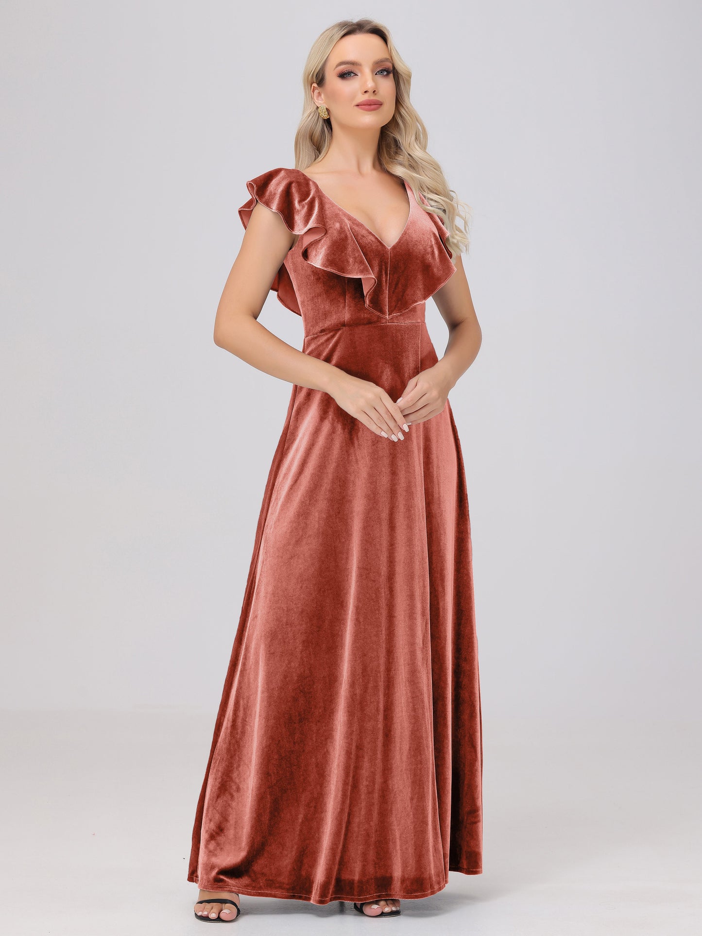 Ruffle V-Neck Velvet Bridesmaid Dresses with High Slit